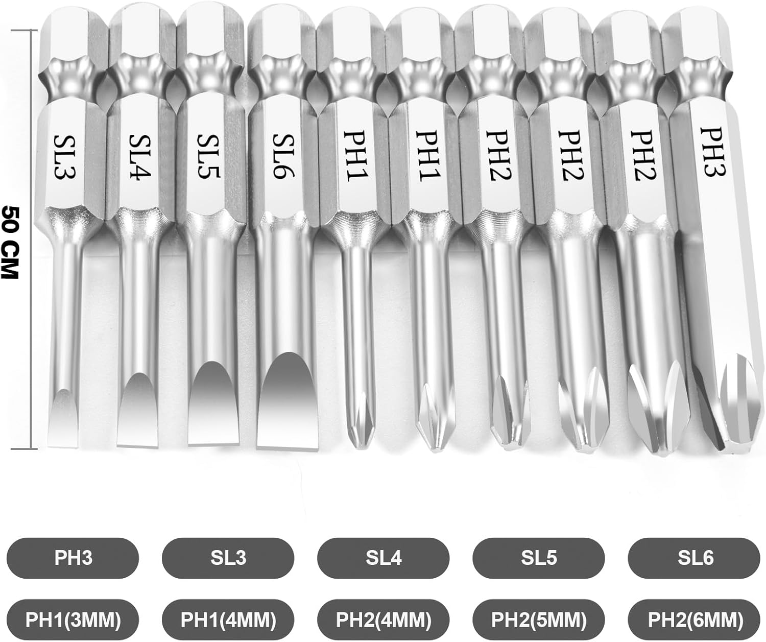 10 Piece Slotted Phillips Screwdriver Bit Set, 1/4 Inch Hex Shank S2 Steel Magnetic 2" Long Drill Bits