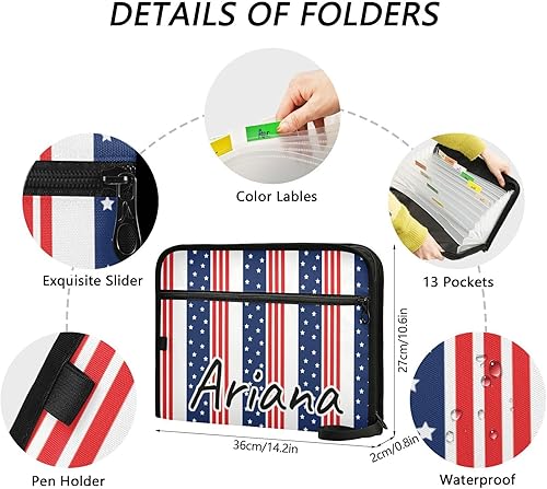 Miniatura 3 de Custom USA Flag Star Stripes Expanding File Folders 13 Pockets Accordion File Folder with Labels Personalized Letter File Folders Customized Coupon