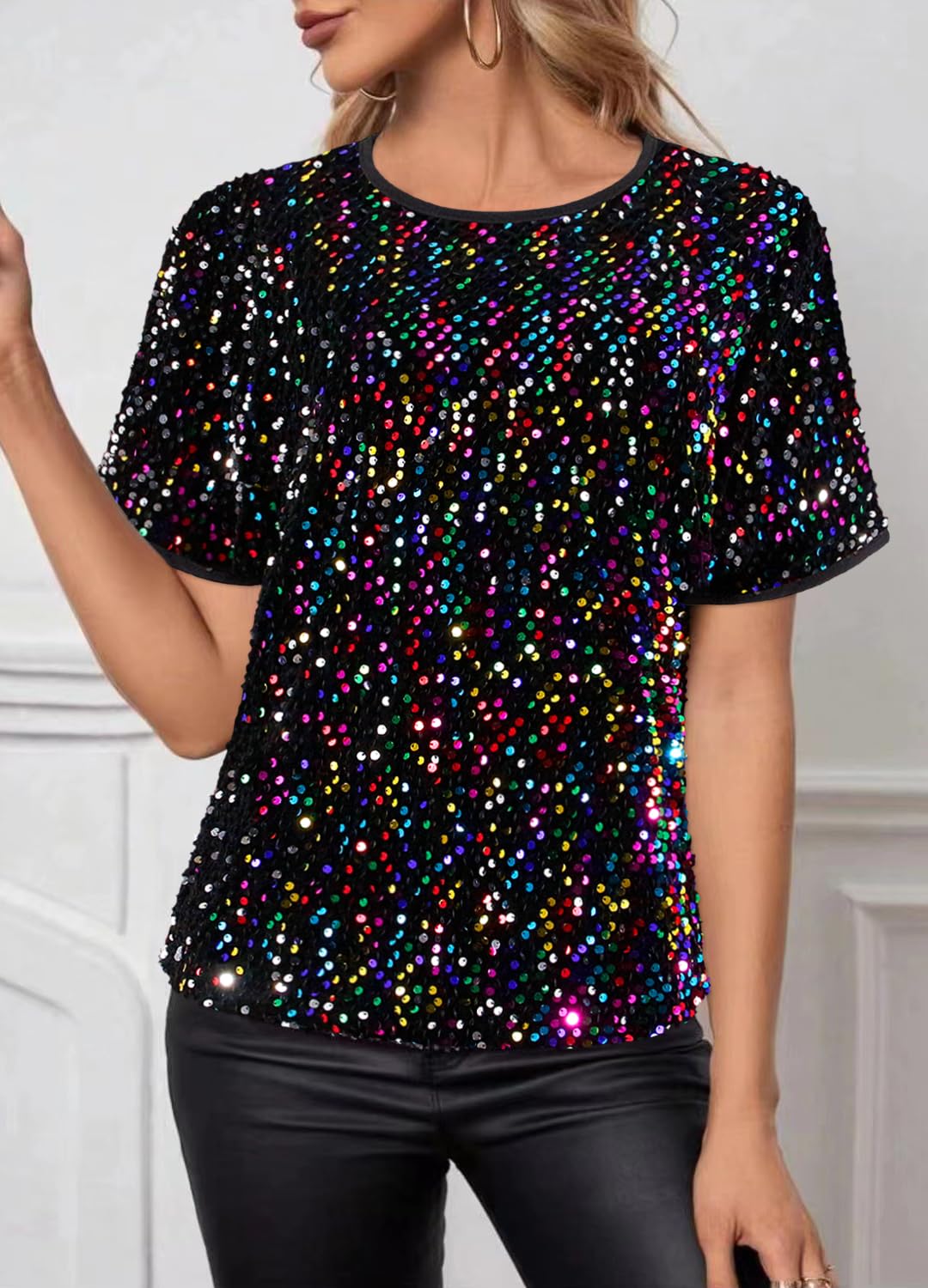 T-shirt décontracté à manches courtes pour femme avec paillettes scintillantes