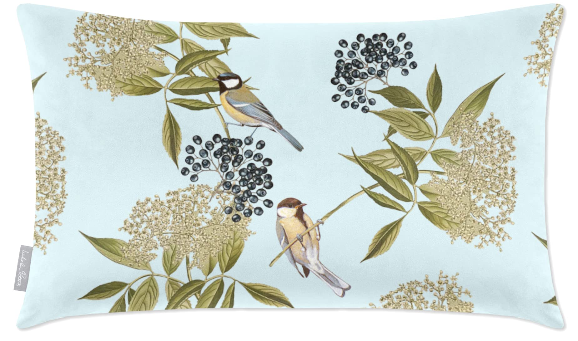 Izabela Peters Bird On Elderflower - Duck Egg Blue Velvet Cushions - Eco-Friendly, Filled, 50 X 30 Cm, Chair & Sofa Seat Cushions