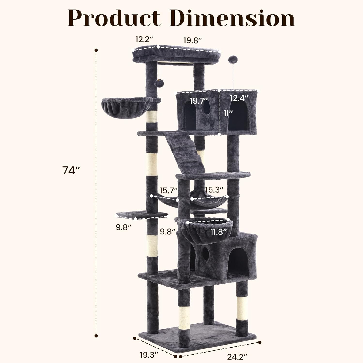 Large Cat Tree with Scratching Posts, Bed, Hammocks & Condos – Multi-Level Cat Tower for Playful Cats, 74" Modern Jungle Gym for Multiple Cats, Grey