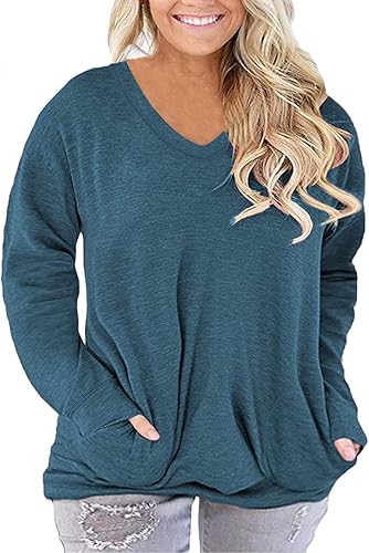 ROSRISS Plus-Size-Tops for Women Long Sleeve V Neck Shirts Oversized Pockets Tunics