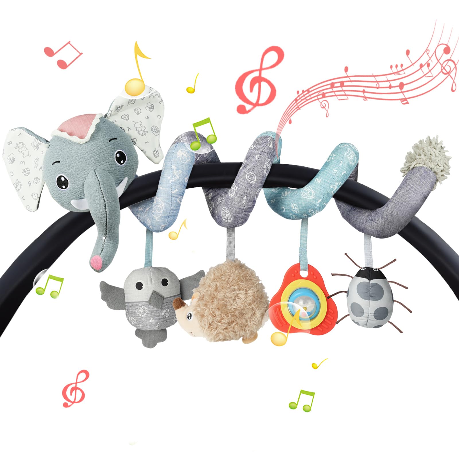 Vicloon Giocattolo a Spirale Passeggino Neonato, Giochi Passeggino Neonati Regalo per 0 3 6 Mesi, Passeggino Educativo Spirale di Peluche Neonato, Elefante Grigio