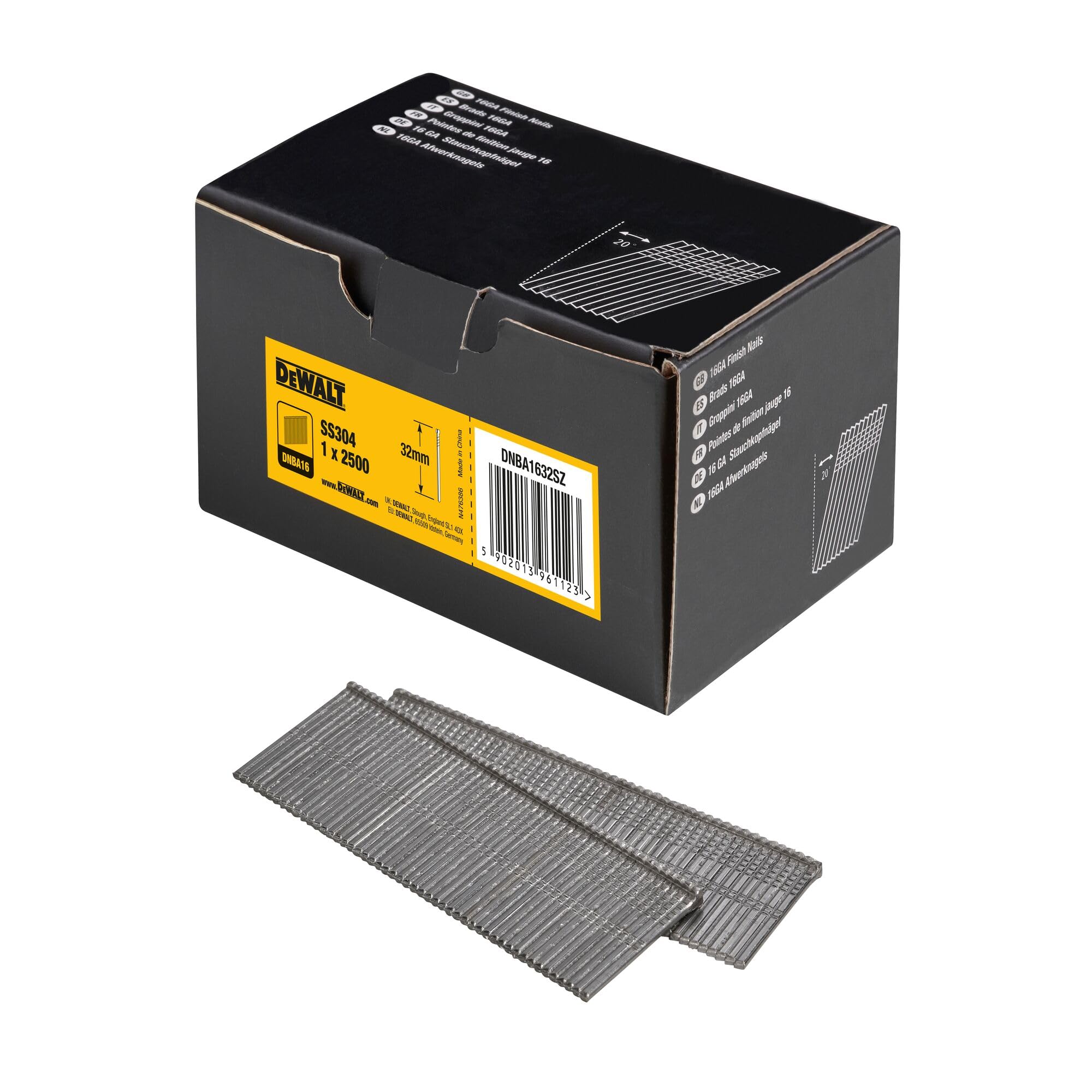 Dewalt Gwoździe z łbem szprychowym 16 GA DNBA1632SZ (20 stopni, 32 mm, stal nierdzewna, średnica 1,40 x 1,60 mm) 2500 sztuk