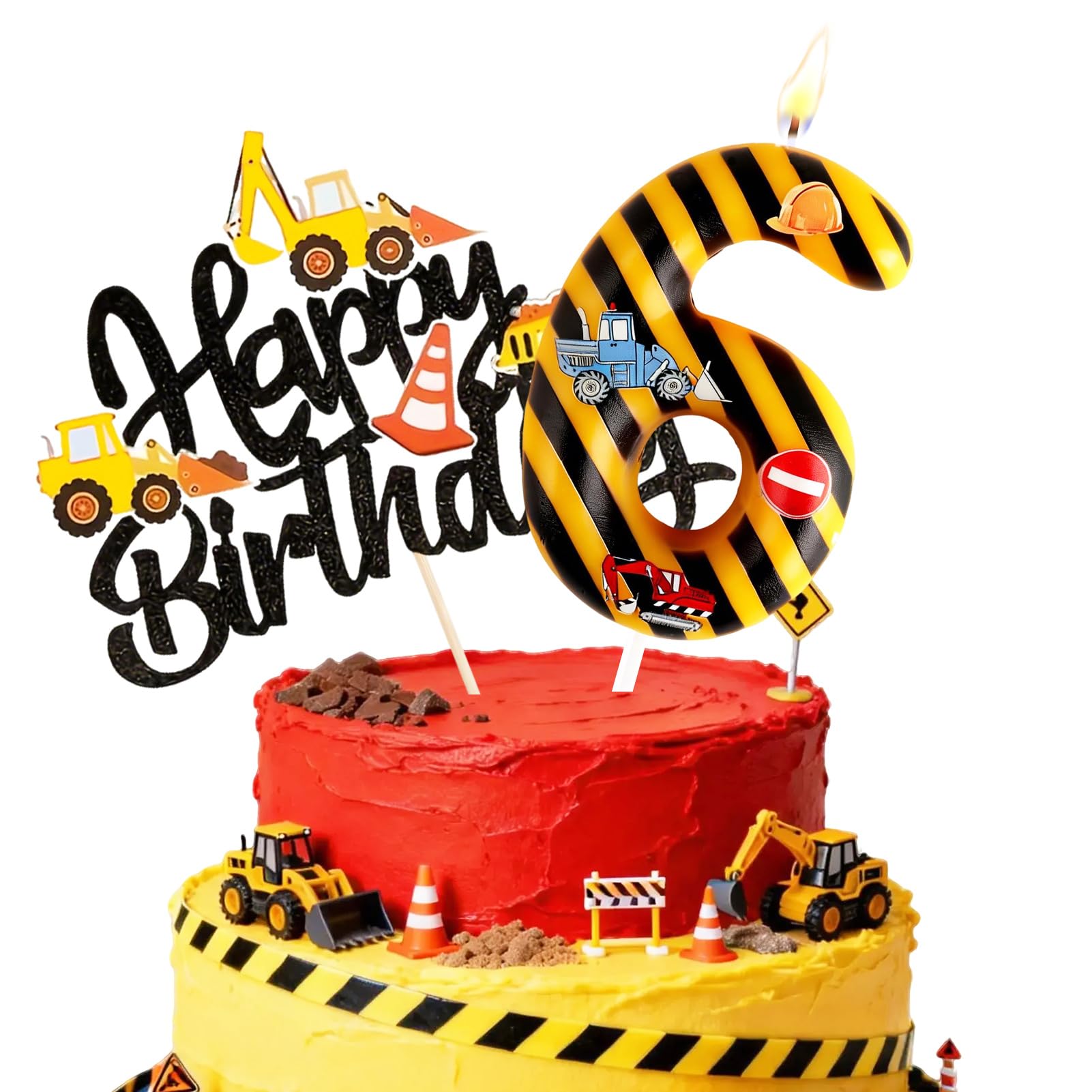 Birthday Candles for Cake, Yellow Black Striped Construction Number Candles, Cake Candles with Greeting Card for Birthday Party Wedding Anniversary Celebrations(6 Candle,Construction)
