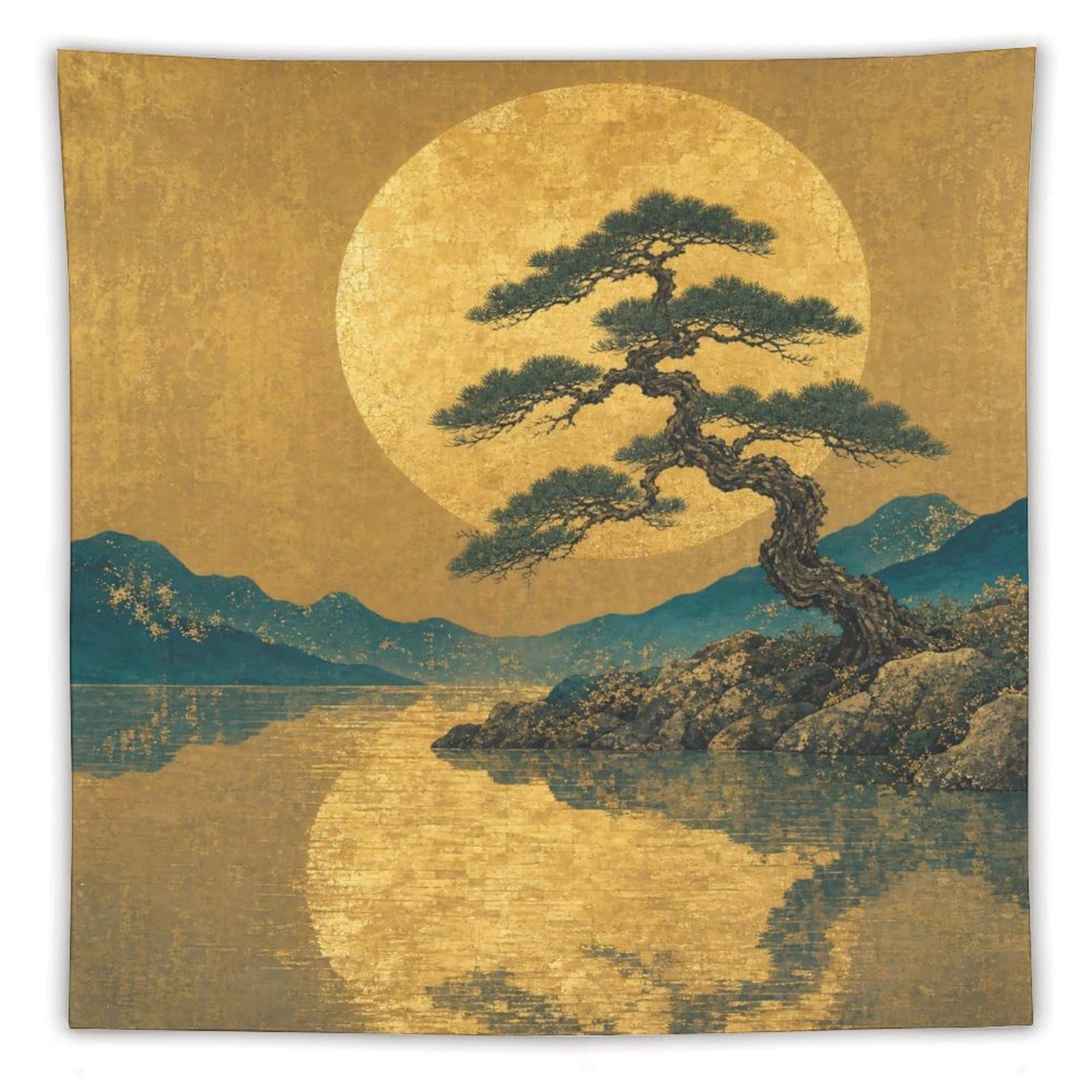 W7C8U2X3 Golden Moon Pine Landscape Wall Tapestry, Ukiyo-e Style, Office