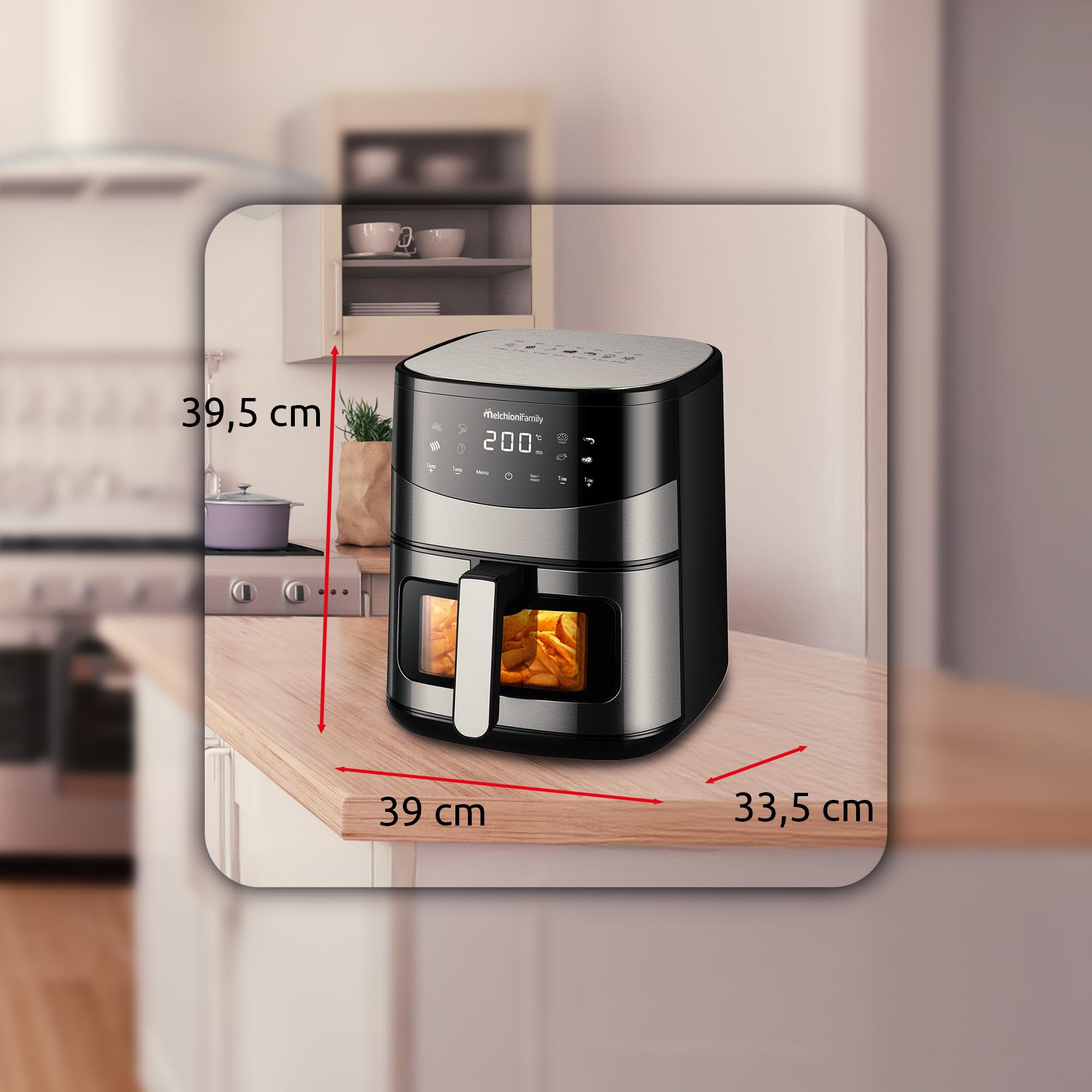 Melchioni Family | ARIANNA Friggitrice ad Aria 6,5L con Doppia Resistenza | Air Fryer con Display LED, 8 Programmi, Timer, Cestello con Finestra, 2000W