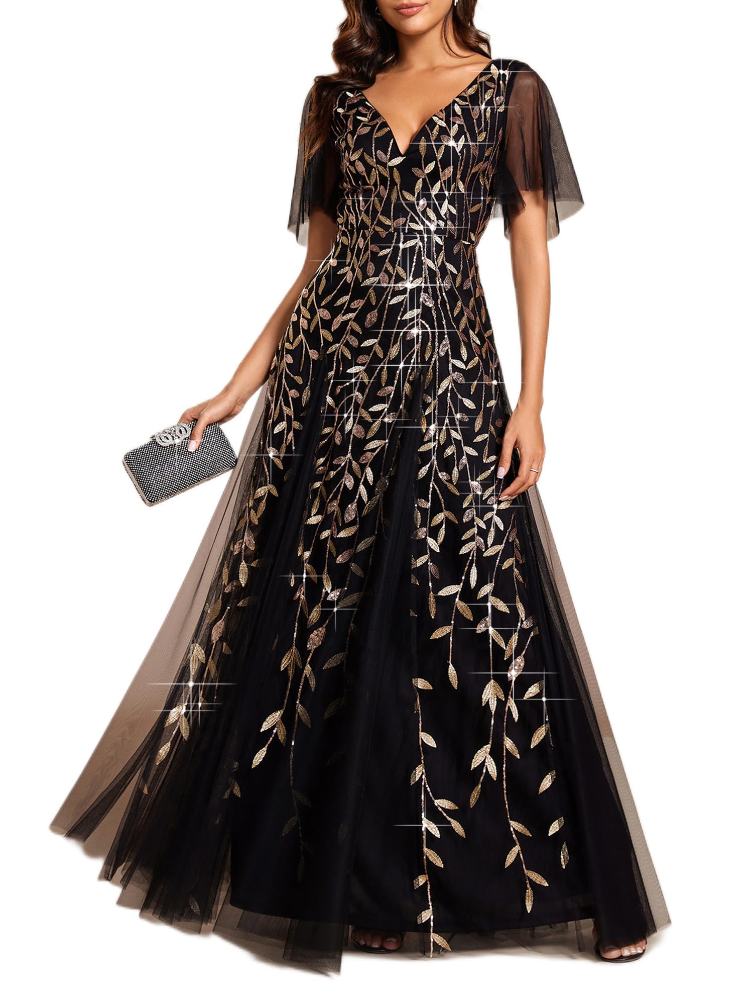 Women's Sequin Formal Dress Sparkly V-Neck Short Sleeve A-Line Floor Length Prom Evening Gown 0736