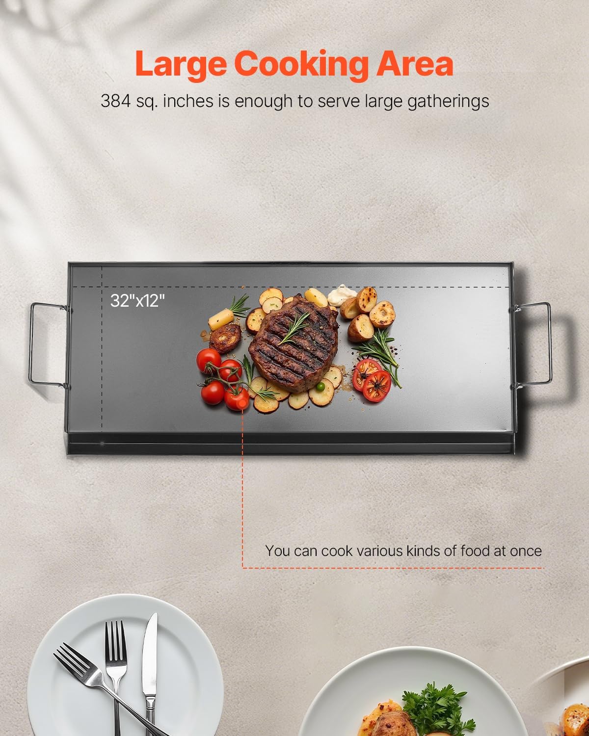 VEVOR Carbon Steel Griddle, 32x14 inch Universal Flat Top Rectangular Plate, Gas Grill Griddle for BBQ Grill, Teppanyaki, Portable Family Cookware with Handle, for Camping Tailgating Party