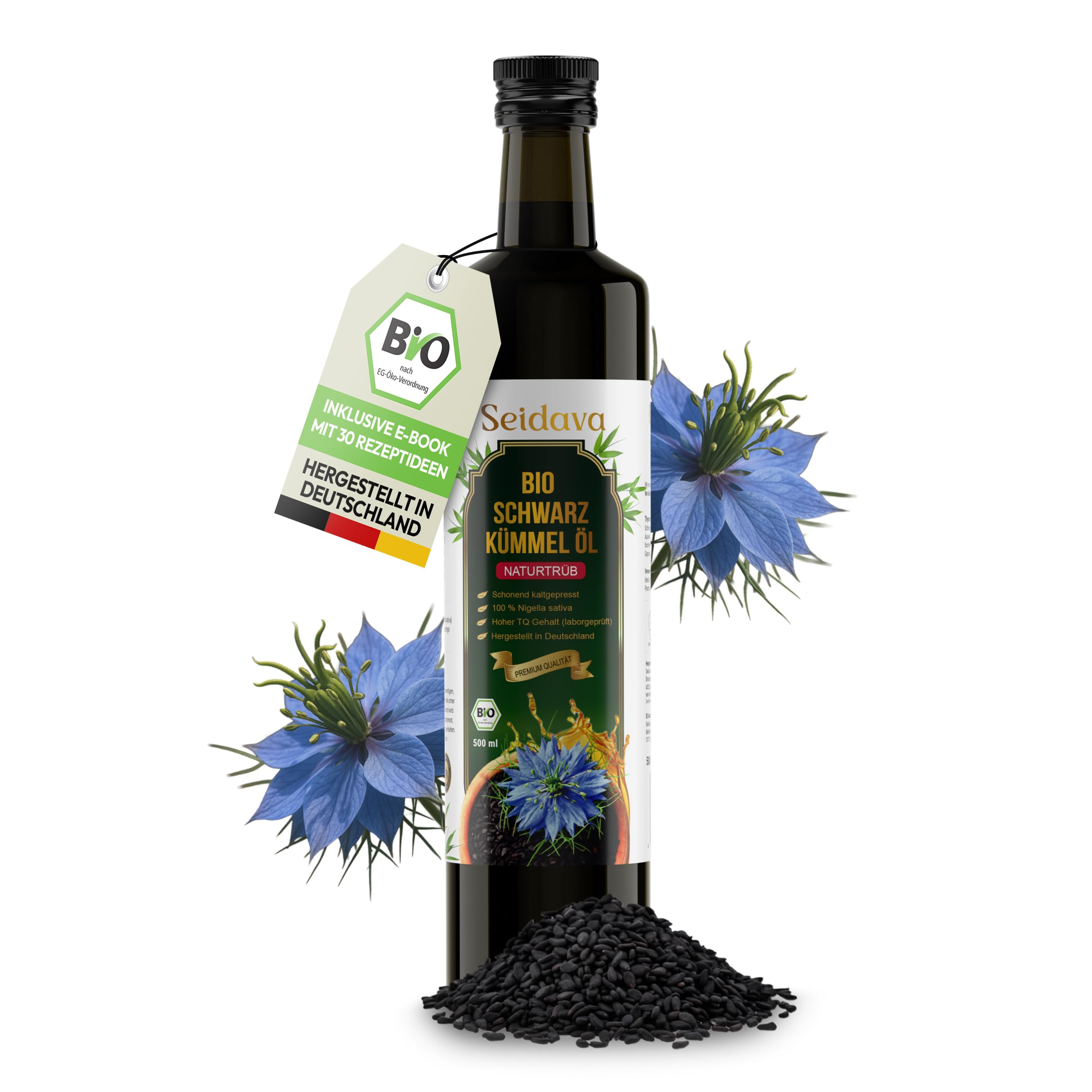 Seidava® Bio Schwarzkümmelöl – kaltgepresst & naturtrüb aus ägyptischer Nigella sativa, hoher Thymochinongehalt, mühlenfrisch, ohne Zusatzstoffe, vegan & naturrein (500ml)