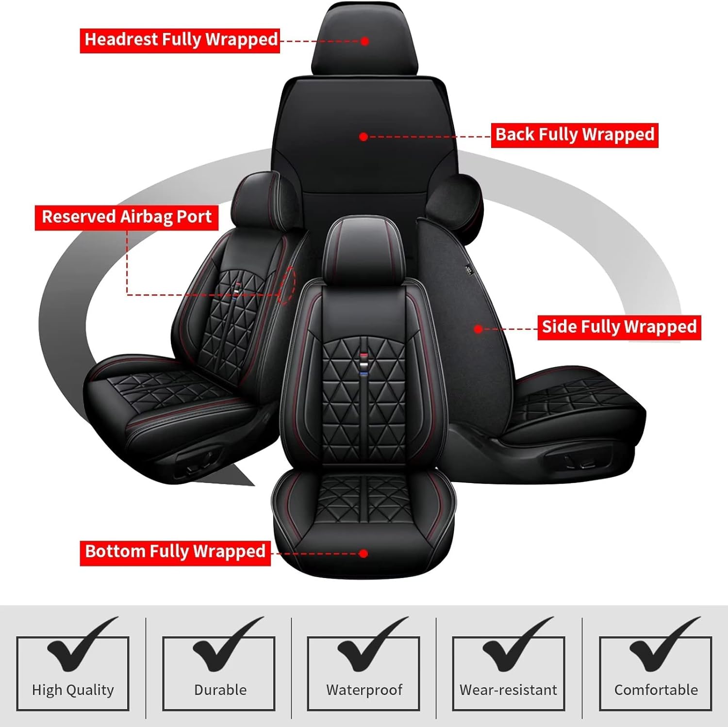 Car Seat Covers Full Set Fit for Kia Sportage 2009-2023 2024 2025 Faux Leather Waterproof Seat Covers Automotive Cushion Protector Compatible Airbag (5 Seats & Black)