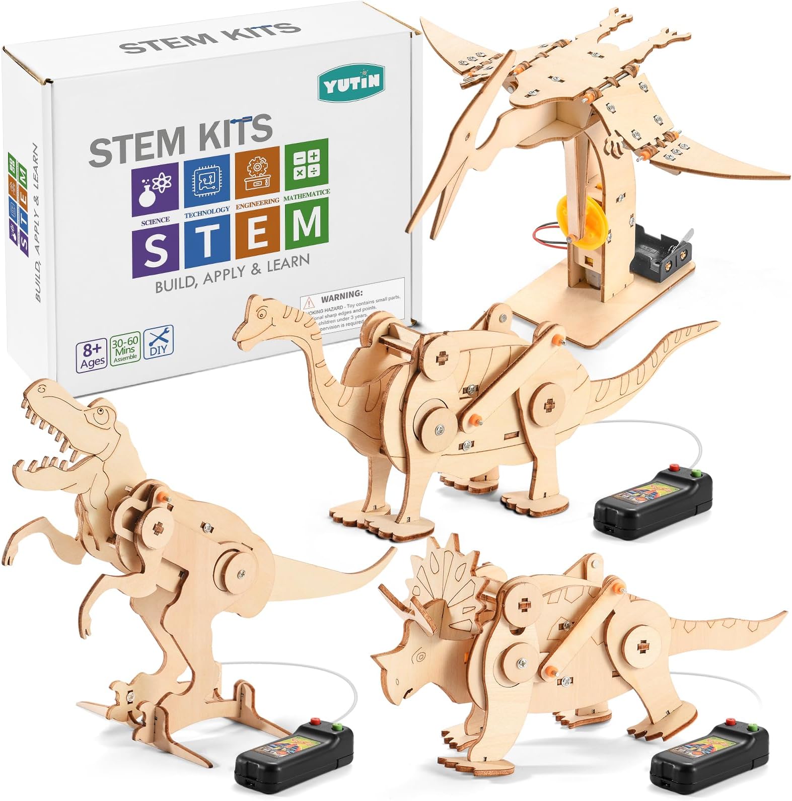 Dinosaur STEM Kits for Kids Ages 8-10-12, 4 in 1 Wood Building Toys for Boys Age 8-12, Build It Yourself Woodworking Kit, DIY 3D Wooden Puzzles Model Science Crafts for Kids, Stem Projects
