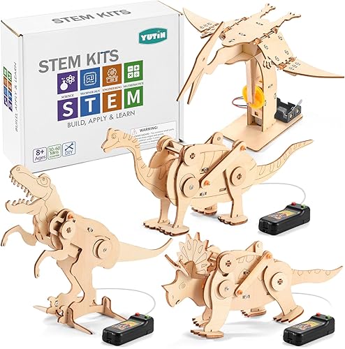 Kits STEM de dinosaurios para niños de 6 a 8 a 10 a 12 años, juguetes de construcción de madera 4 en 1 para niños de 8 a 12 años, kit de carpintería