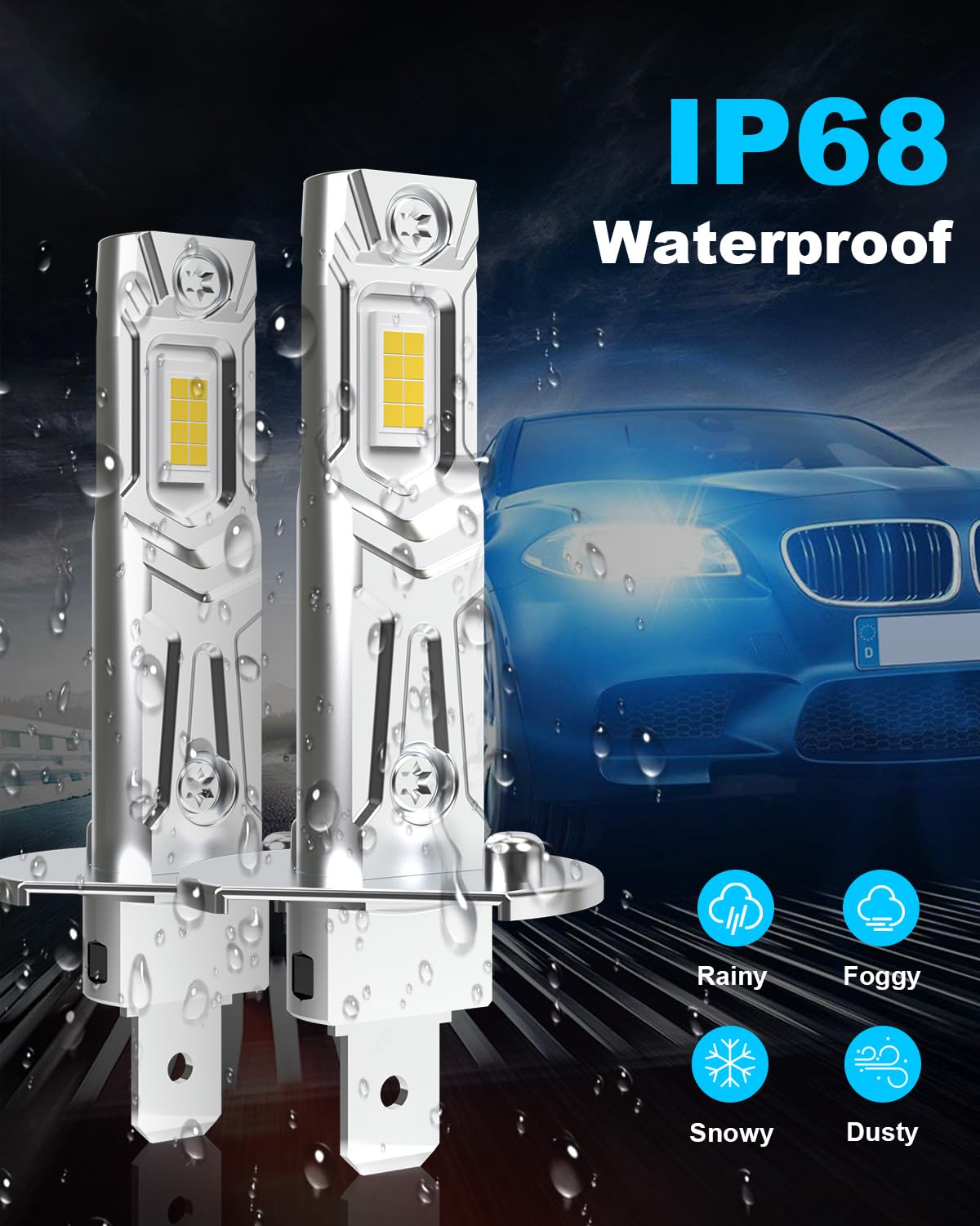 KATUR Bombilla H1 LED 26000LM, 6000K Blanco Bombilla LED H1 para Faros De Coche 80W 500% Brillo Sin Ventilador Mini Tamaño Plug and Play, Paquete De 2