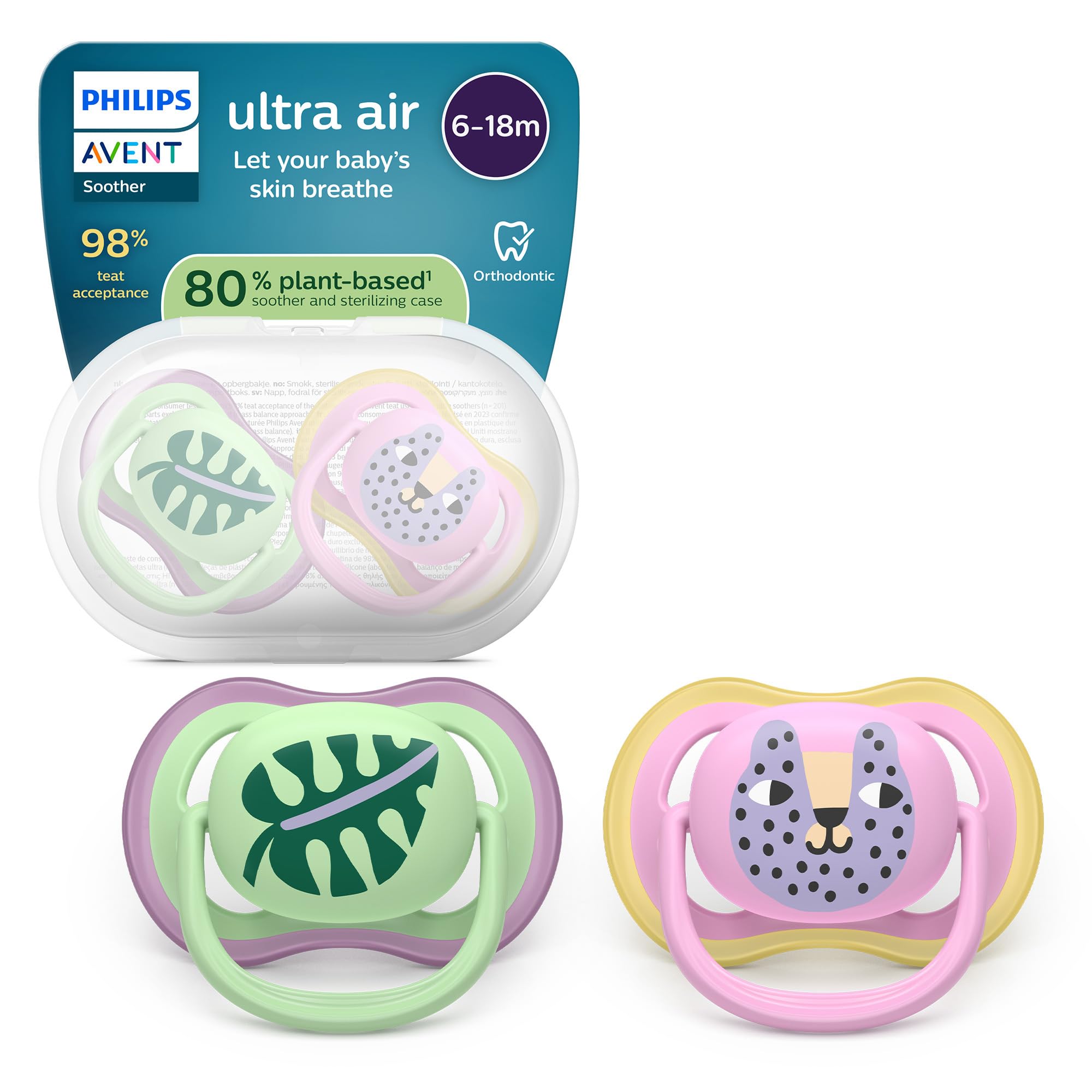 Philips Avent Ultra Start Ciuccio - Design ortodontico, per neonati 6-18 mesi, tettarella simmetrica in morbido silicone, senza BPA, con custodia per la sterilizzazione, confezione da 2, SCF087/13