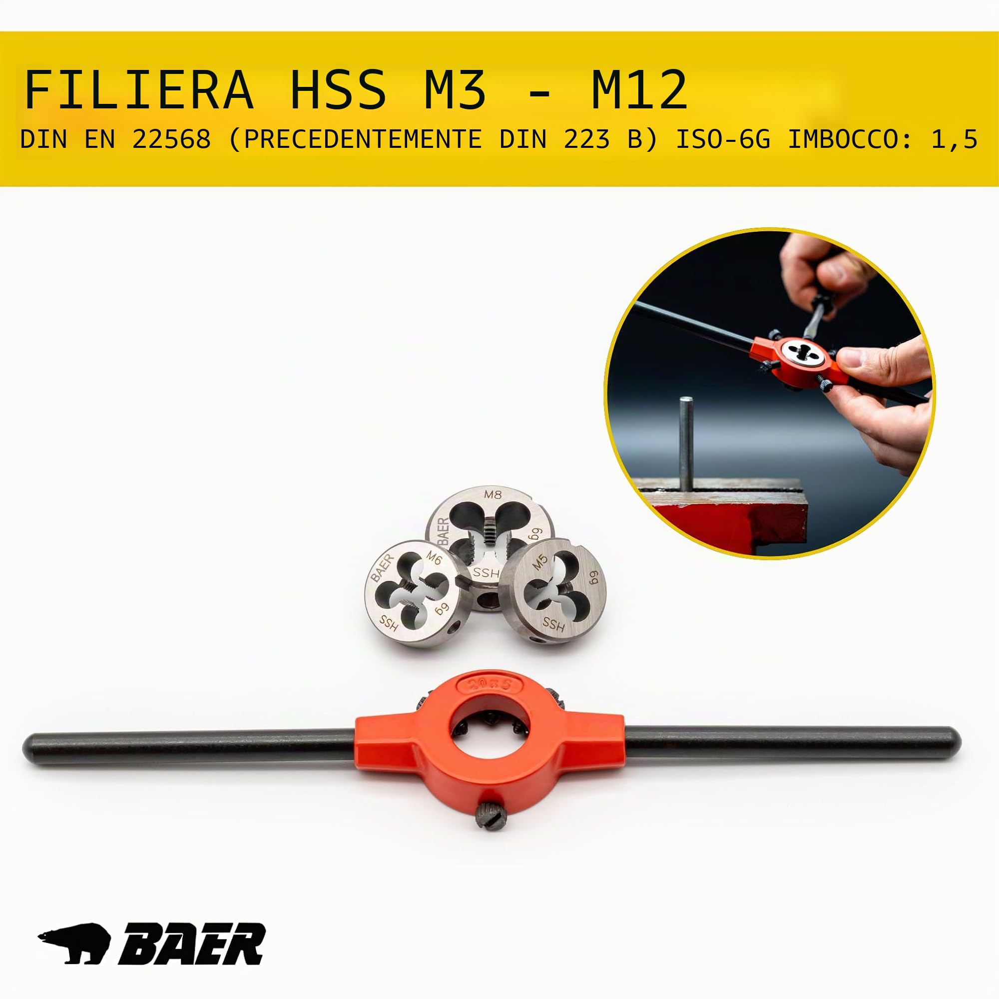 BAER Set di maschietti M3 – M12, HSS, file, utensili per filettatura, set di filettatura, maschio