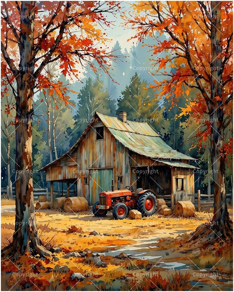 Countryside Serenity Paint by Numbers Kit for Adults - DIY Farmhouse and Tractor Painting on Canvas 16x20, Acrylic Paint Set, Suitable for Beginners, Art for Home Decoration or Gifts(16X20IN Framed)