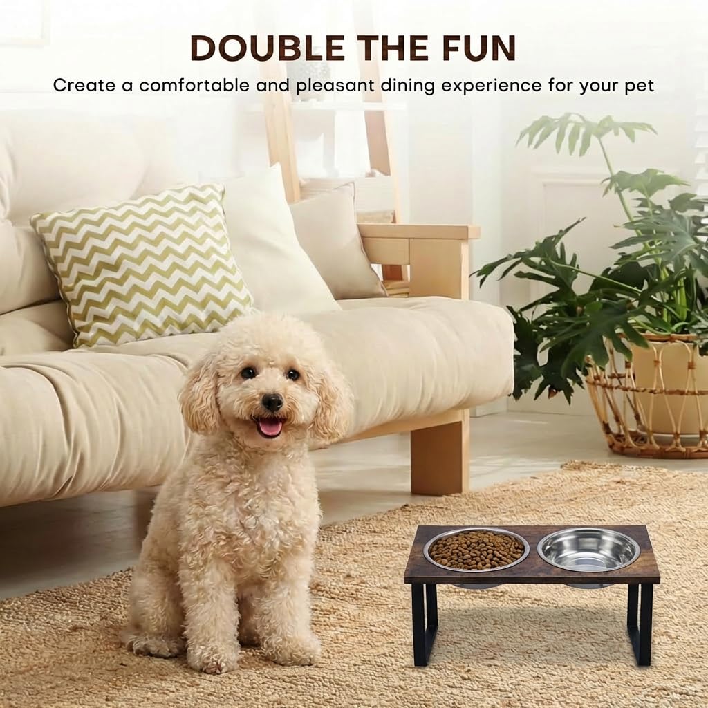 Soporte elevado para cuencos para perros medianos y grandes, comedero elevado de MDF con 2 cuencos de acero inoxidable, juego de platos inclinados para comida y agua para perros, estación de