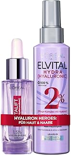 L’Oréal Paris Pflegeset für Haut und Haare, Gesichtsserum mit 1,5% purer Hyaluronsäure und Vitamin C, Haarserum mit Hyaluron für glänzendes Haar, Revitalift Filler, Elvital Hydra Hyaluronic, 2- teilig
