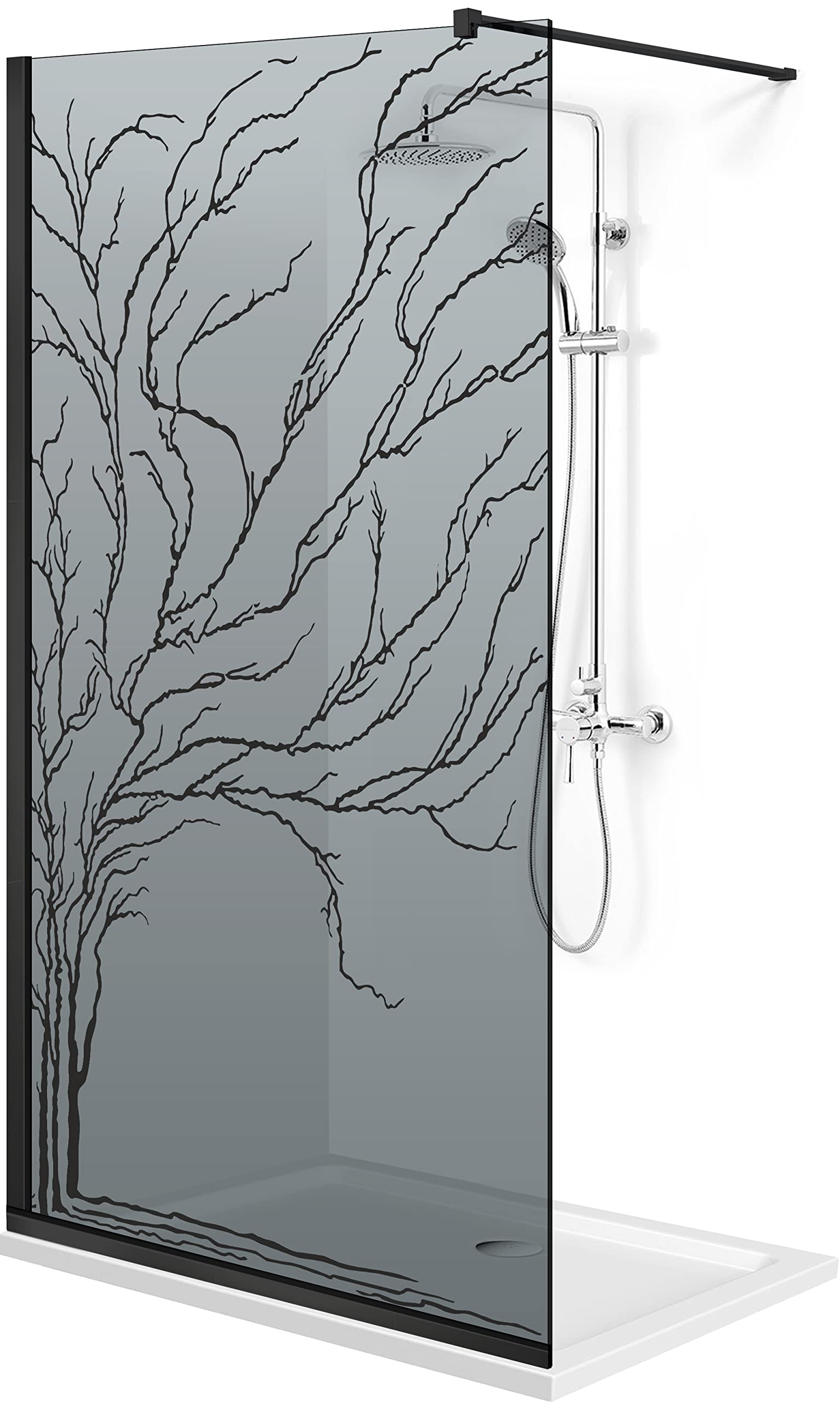 Aqua Roy Schwarz, Modellbaum Schwarz, Größe 100 cm ab 70/80/90/100/110/120, Walk in Duschwand 8mm Glas grau mit NANO-beschichtetem sandgestrahltem Muster (100x195cm)