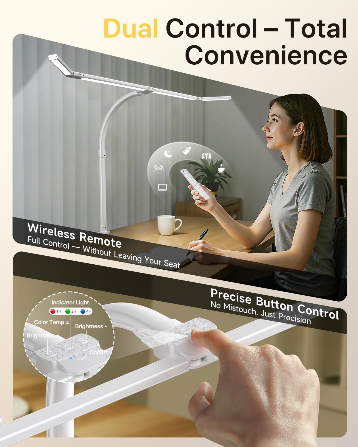 ONEMIX 42" LED Desk Lamp with Clamp, Architect Desk Light with Remote, Adjustable 4-Segment Bar, 1800LM Bright, Eye-Caring Desk Lamp for Home Office, Reading, Study, Dual Monitors, Workbench (White)