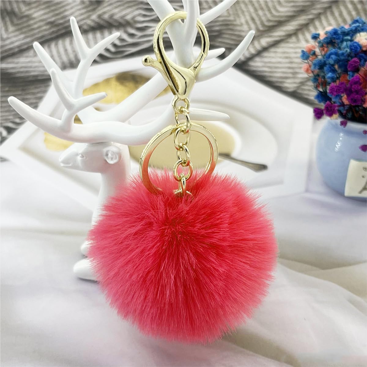 Portachiavi in vera pelliccia di coniglio Rex da 8 cm, colore dorato, portachiavi carino, portachiavi per auto, ciondolo con pompon, soffici portachiavi  15