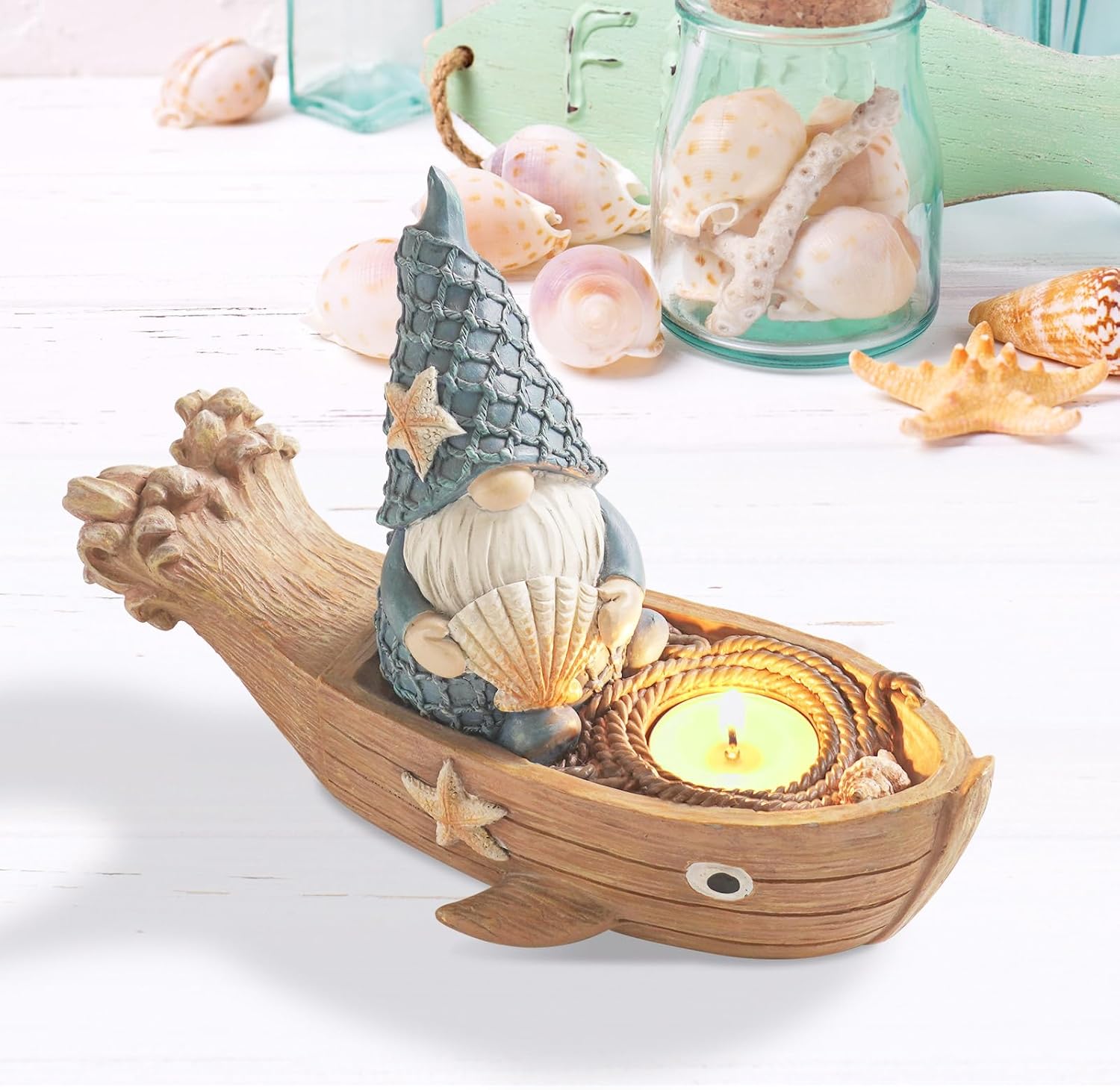 8.3" L Beach Gnome Boat Figurines, Resin Coastal Decorative Tea Light Candle Holders, Summer Nautical Ocean Theme House Decor Bathroom Living Room Table Shelf Indoor Tropical Home Decoration