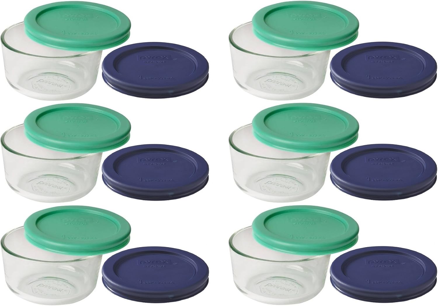 Pyrex Storage 1 Cup Round Dish, Clear with Green + Blue, Pack of 6, With Green & Blue Lids