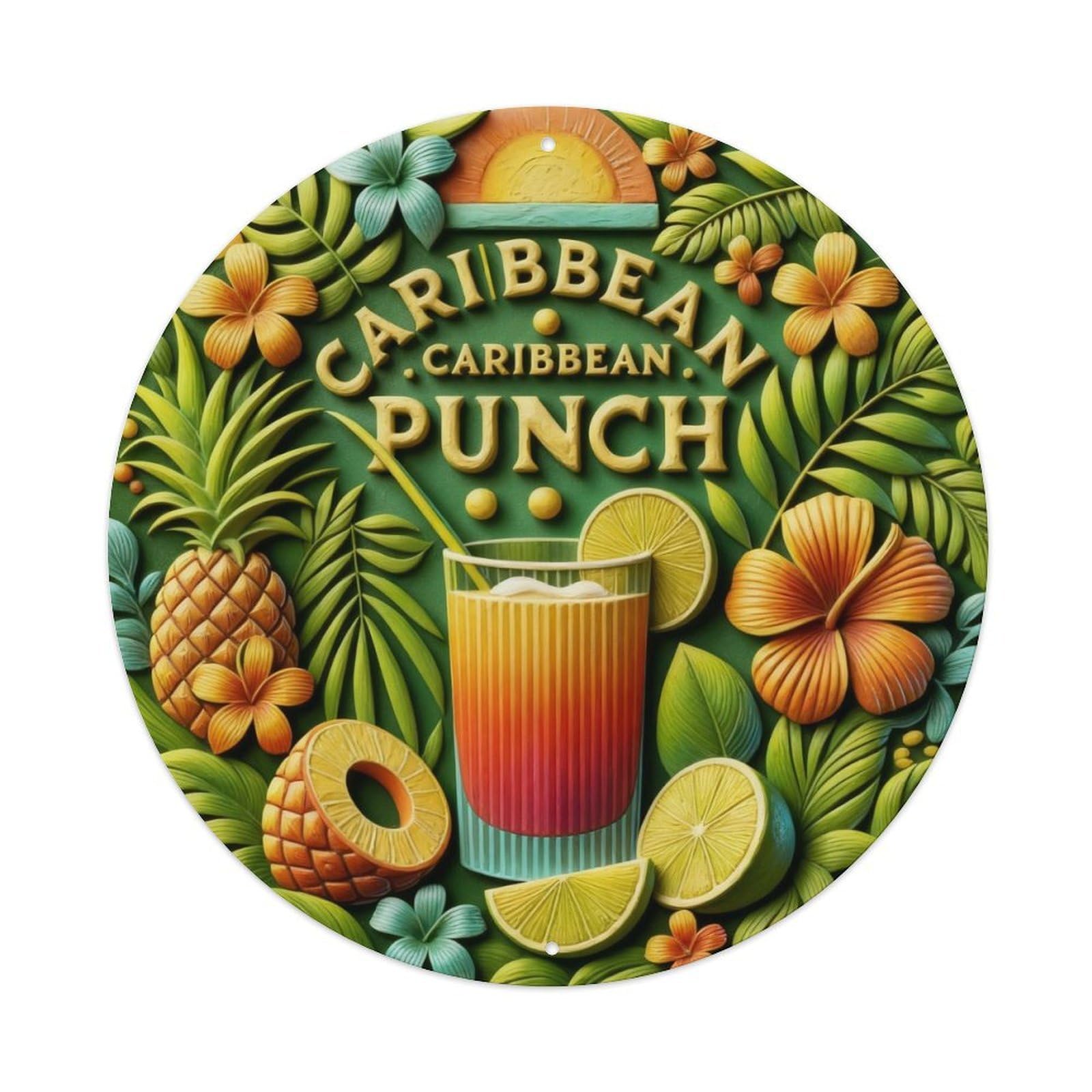 Tropical Fruit Cocktail Leaves Flowers Round Metal Tin Sign Vintage Wall Decor, Bar Garage Cafe Kitchen Home Wall Art Poster 8x8inches