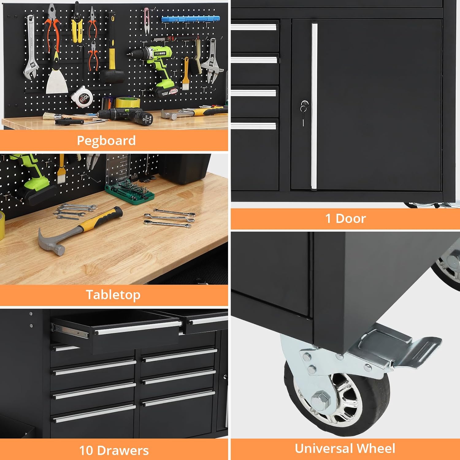 GarveeTech 61 in Rolling Tool Chest, 10 Drawers Garage Workbench Storage Tool Cabinet with Power Strip, Solid Rubber Wood Top, 1675 LBS Load Mobile Workstation, Heavy Duty Rolling Cabinet