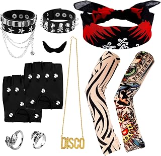 11pcs 90s Punk Costume Set, Gothic Heavy Metal Accessories Disco Necklace Punk Rings & Bracelets Punk Leather Gloves Fake Tattoos Sleeve Fake Moustache Skull Bandana Halloween Jewelry for Punk Rocker