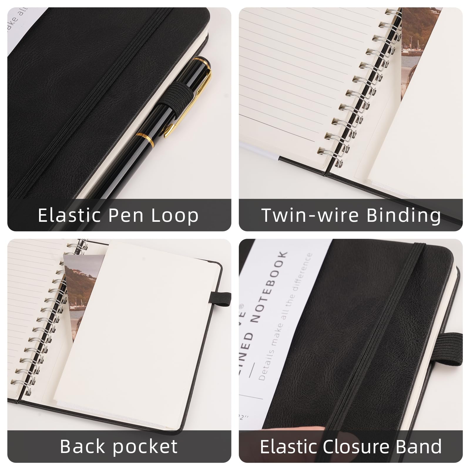 OnMove Lot de 24 carnets à spirale pour homme et femme avec couverture rigide en cuir et porte-stylo - Format A5 - 160 pages - Papier épais de 100 g/m² - Pour le travail et l'école (noir)