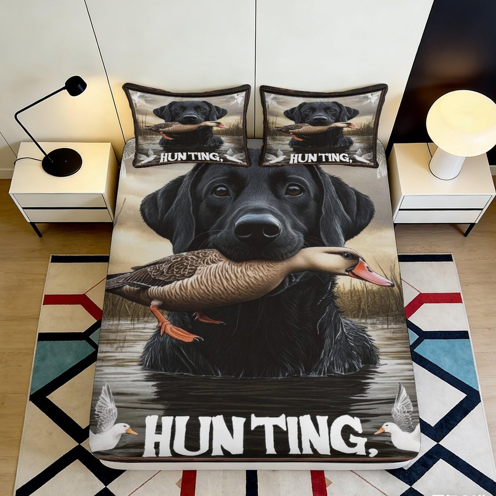 3D Printed Black Labrador Fitted Sheet Microfiber Duck Hunting Bed Cover for Bedroom Guest Room Decor Easy Care 90x200x25cm