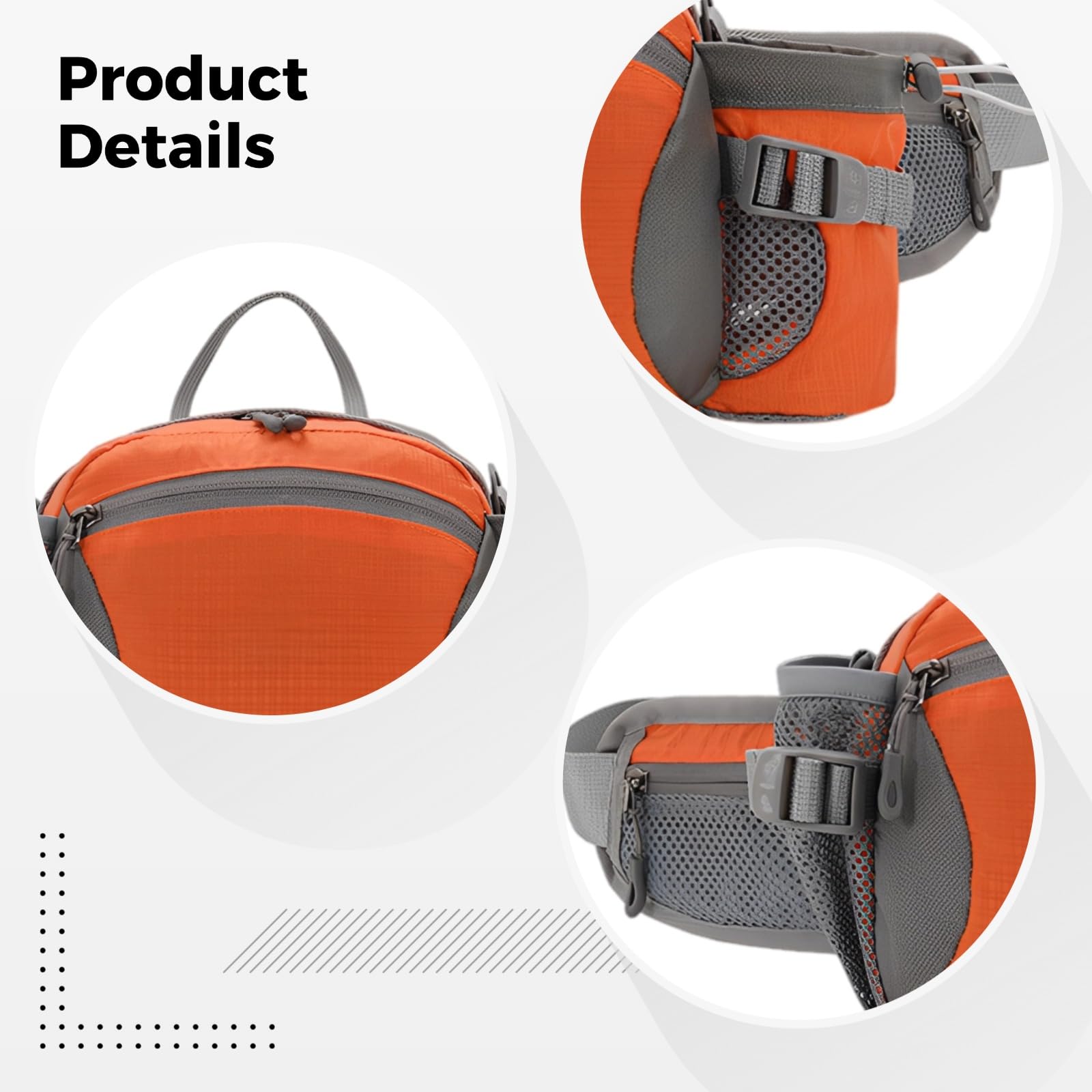 Cangurera naranja multifuncional con soporte para botella de agua, 5 bolsillos, para hombres y mujeres, ligera, cinturón ajustable de 60-130 cm, para correr, viajar, deportes al aire libre