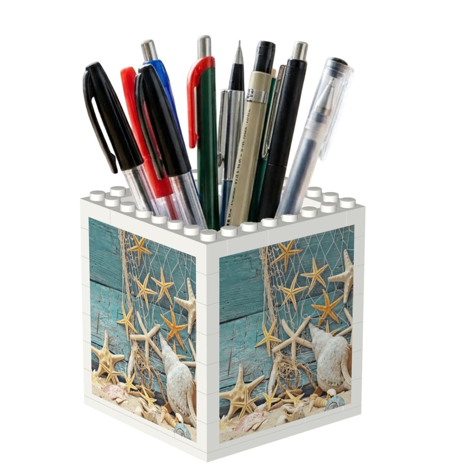 Poadnly Sea Beach Starfish On Fishing Net, Pen Pot Pencil Holder for Office Home School, Compact Desk Organiser for Office Stationery