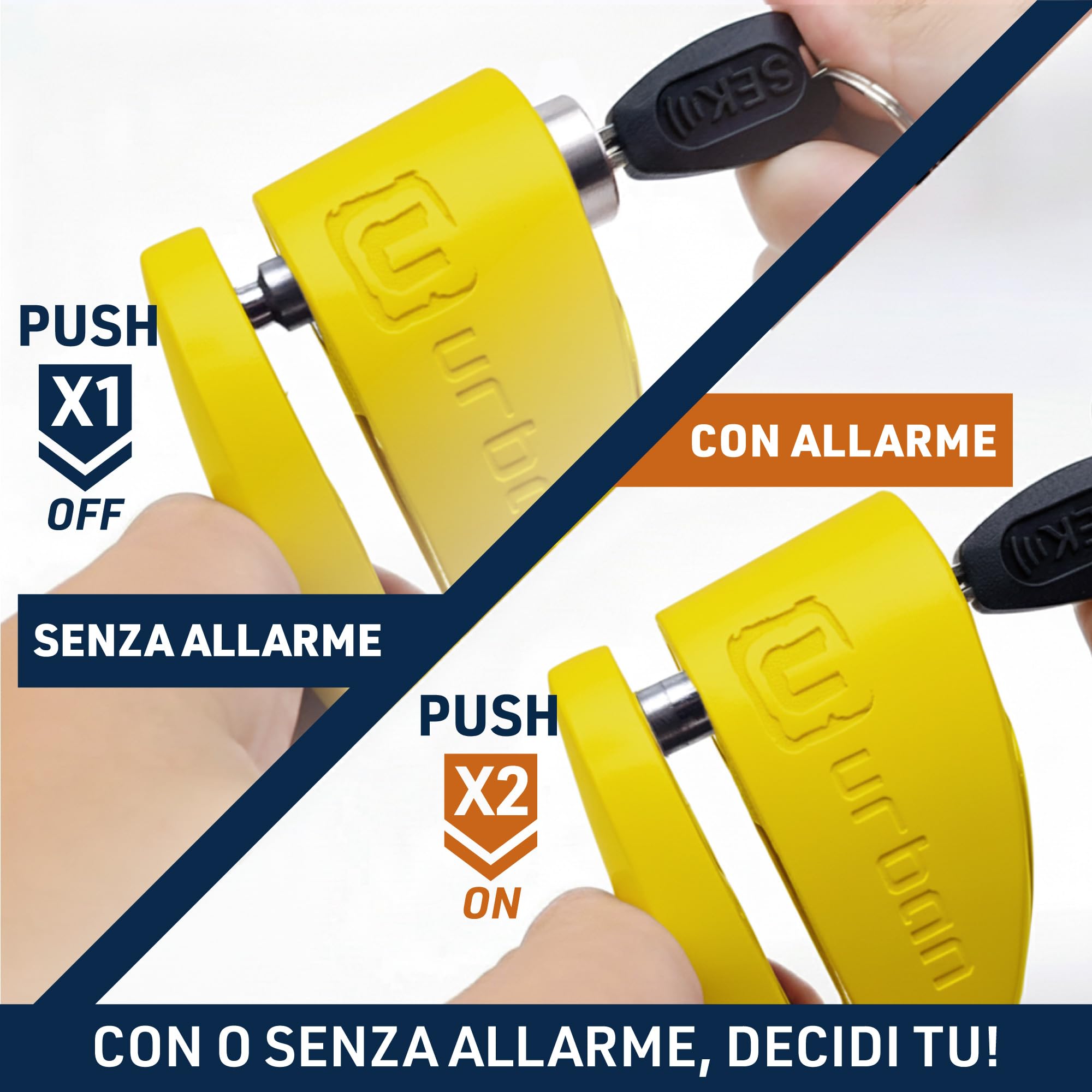 URBAN UR910Y Bloccadisco Moto con Allarme 120 dB, Giallo+Nero in Acciaio Inox Verniciato +Dissuasivo, Omologato SRA e Sold Secure Gold, Doppia Chiusura Ø10 mm, Lucchetto Antifurto Blocca Disco Moto