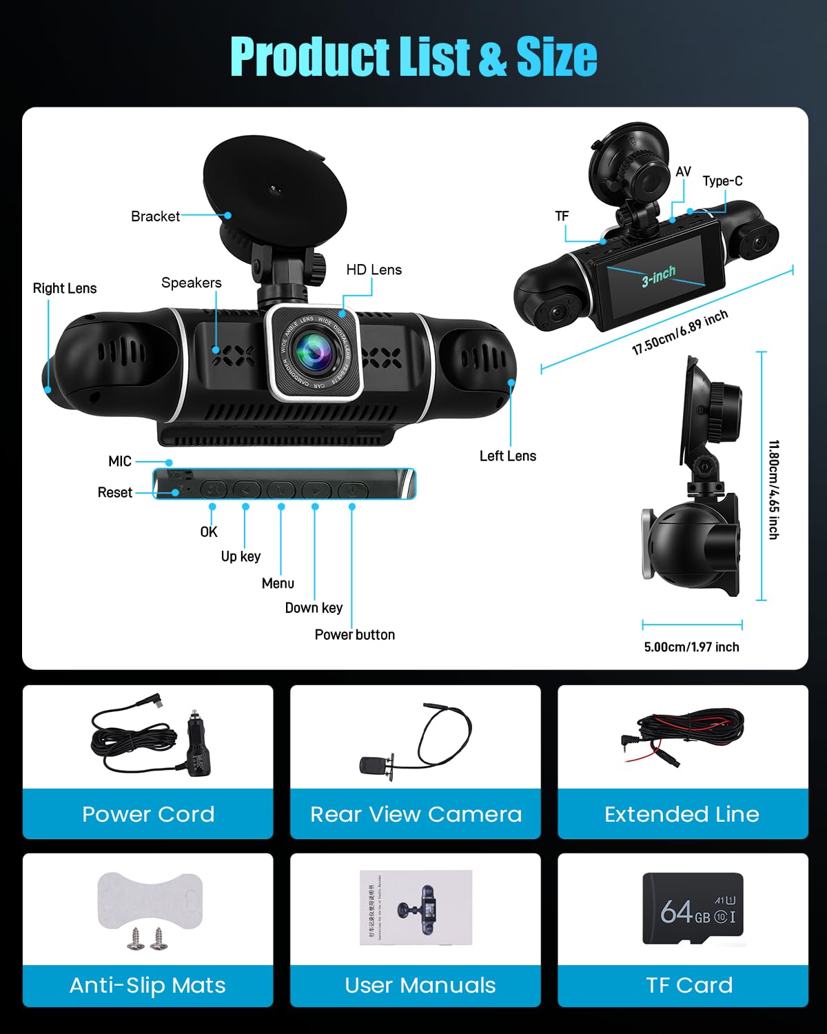 Hikity 2K 360°Dash CAM Coche con Tarjeta SD 64G,4 Cámaras Pantalla IPS de 3 Pulgadas Cámara para Coche,Dashcam Coche 2K+1080P*3,Sensor G, Visión Nocturna,Ayuda Inversa,Grabación en Bucle