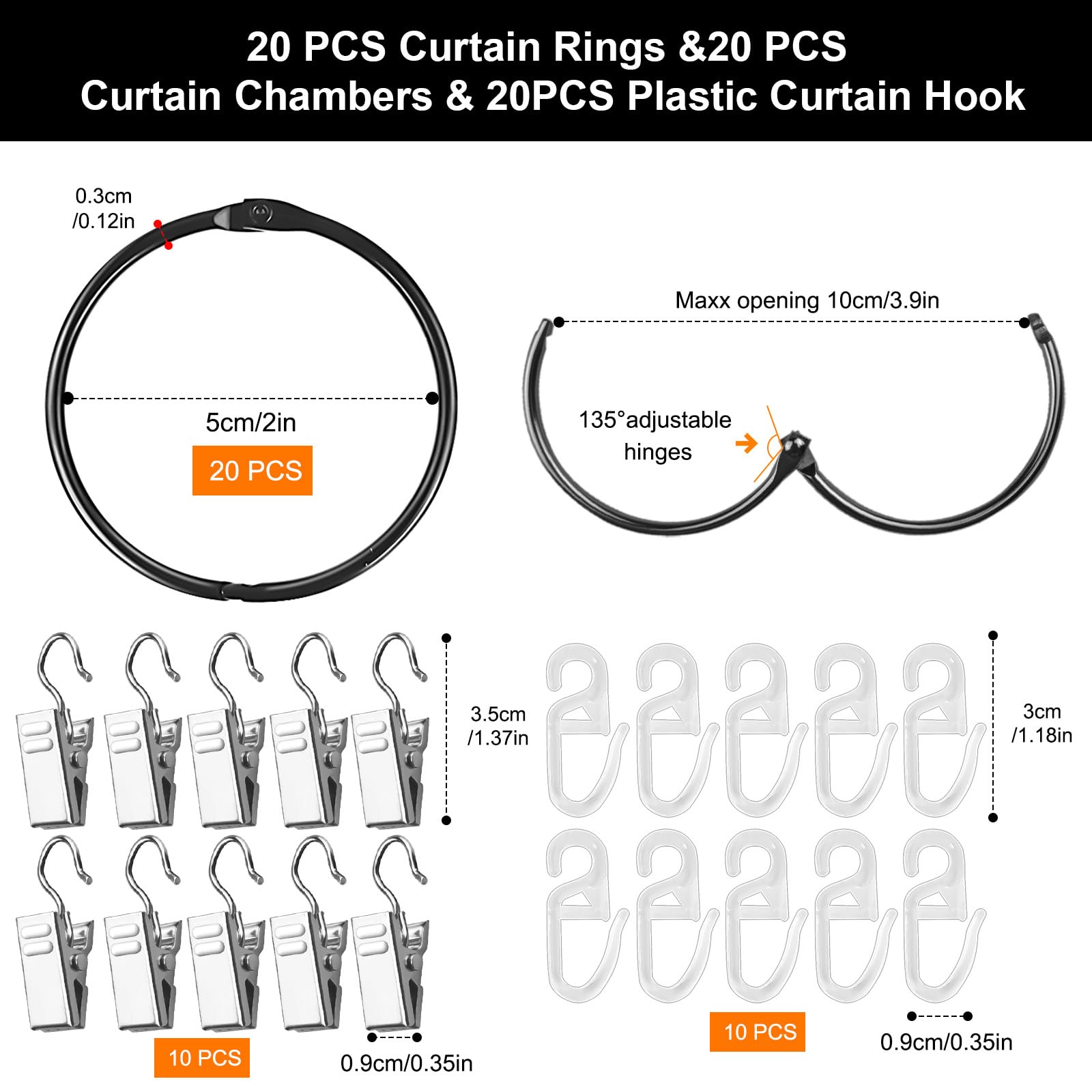 HavaCue 20Pcs 50mm Curtain Rings with Clips, Black Metal Curtain Clips - Image 2