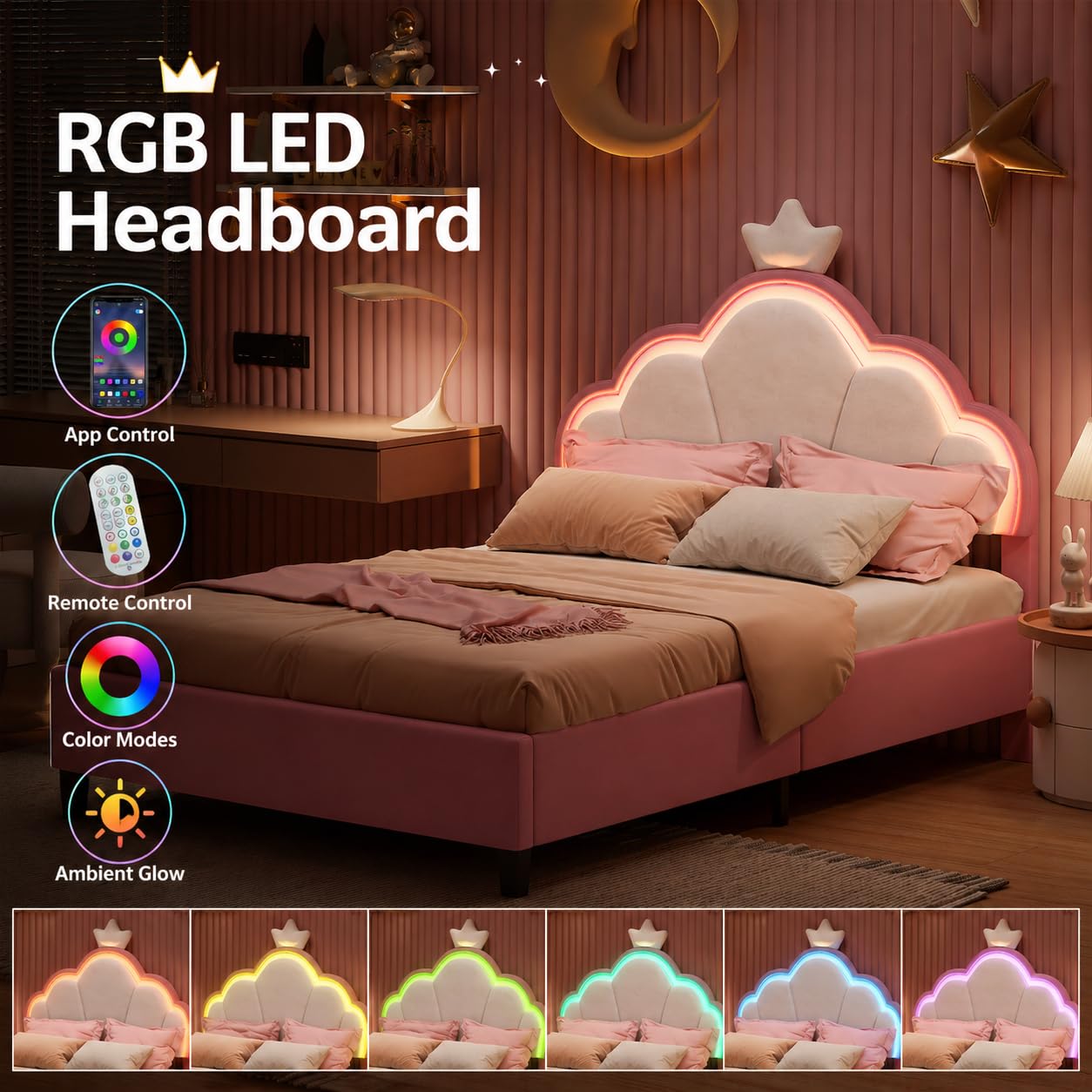 Kinderbett Polsterbett 90x200 cm, LED Einzelbett für Mädchen mit Kronen-Design und verstellbarem Kopfteil, gemütliches Samtbett für fantasievolle Kinderzimmer (90x200cm)
