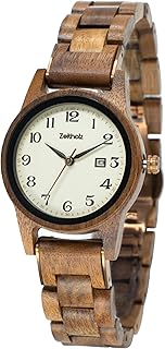 Holzuhr Damen, Armbanduhr, Analog, Quarz, Leuben Holzuhren 36mm, 100% Naturholz mit Japanischem Quarzwerk, Monatskalender und kostenlosem Lederarmband.