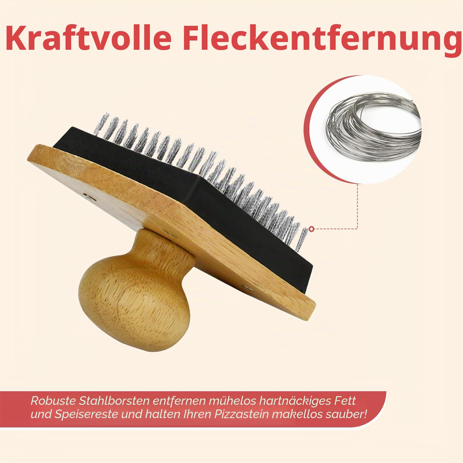 Pizzasteinbürste, 10,2 x 12,7 cm, Hartholzgriff, Pizzastein-Schrubber mit Edelstahlborsten