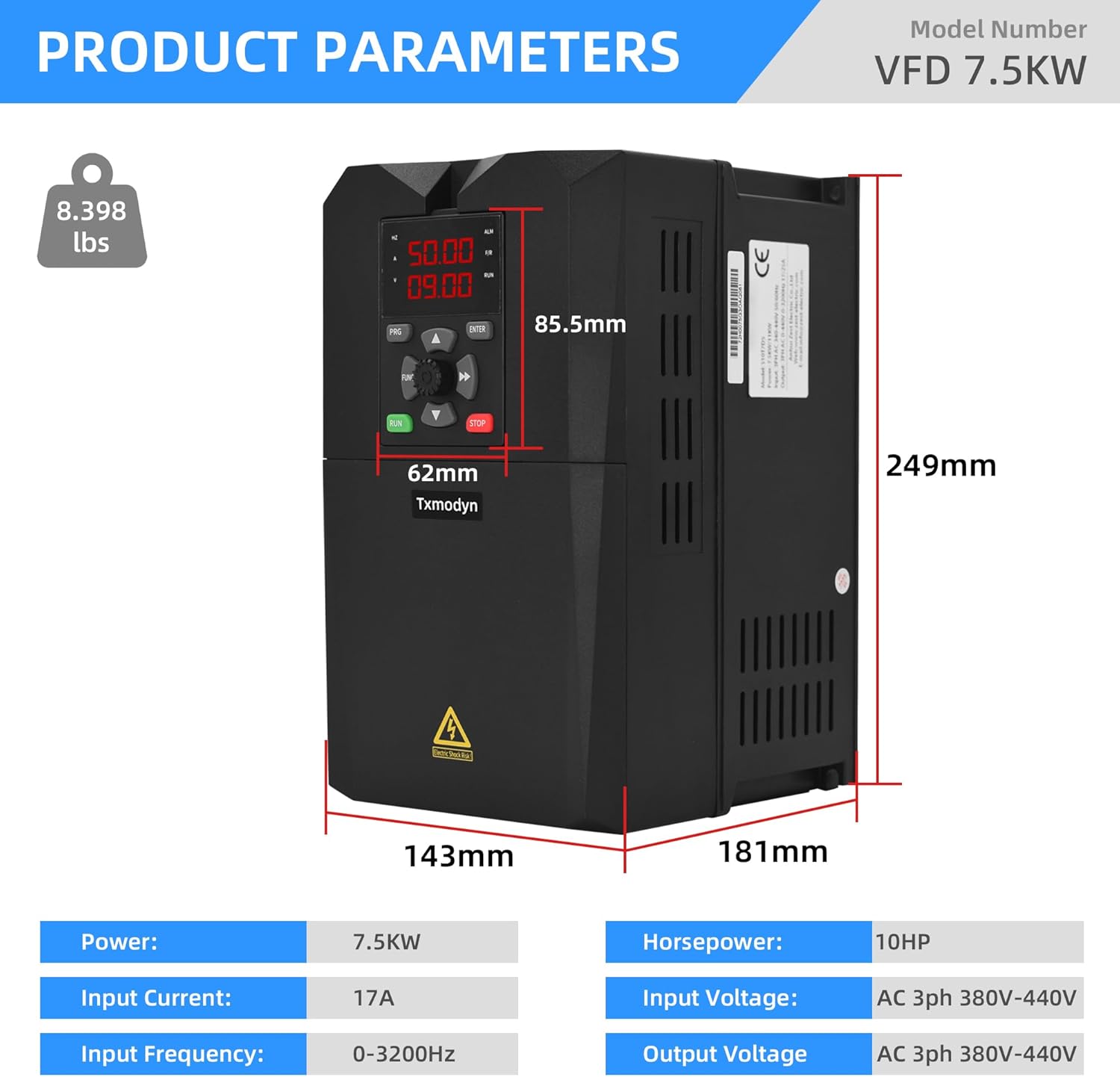 7.5KW 10HP VFD Variable Frequency Drive, 380V–440V 3 Phase Input & Output, 17A Inverter for Spindle Motor, CNC Machine & Industrial Motor Control (0–3200Hz)