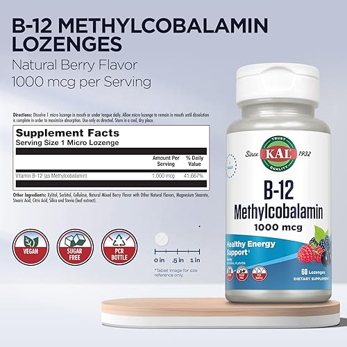 Miniatura 3 de KAL Pastillas de vitamina B-12 metilcobalamina 1000mcg, energía saludable, metabolismo, nervios y glóbulos rojos,* absorción óptima, sabor a bayas