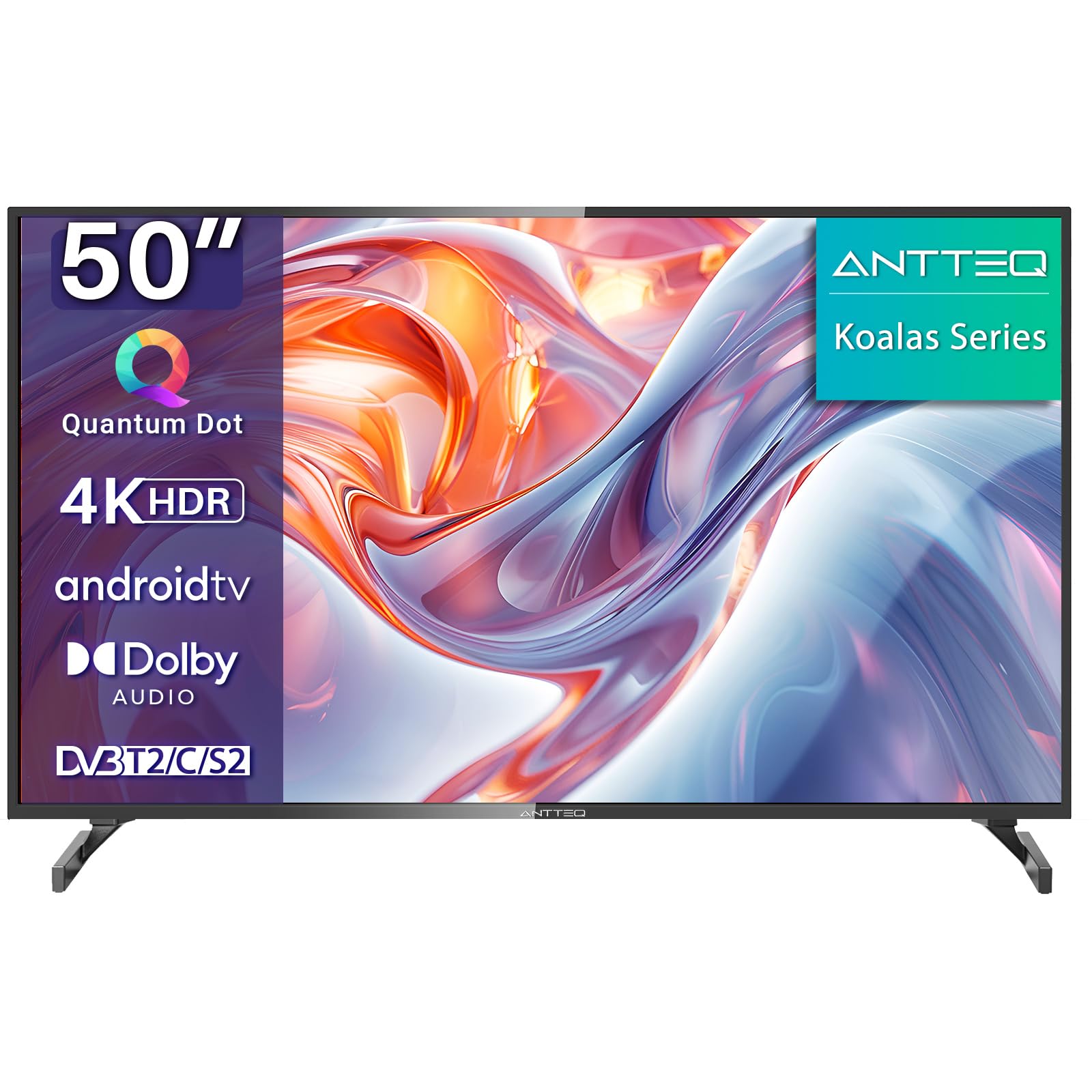 Antteq 4K UHD QLED Q50 Fernseher 50 Zoll Smart TV HDR10 Android TV mit Triple Tuner, App Store (10.000+ Apps), Bluetooth 5.0, Sprachassistent, WLAN 2.4 GHz/5 GHz，Prime Video, Netflix, Disney+