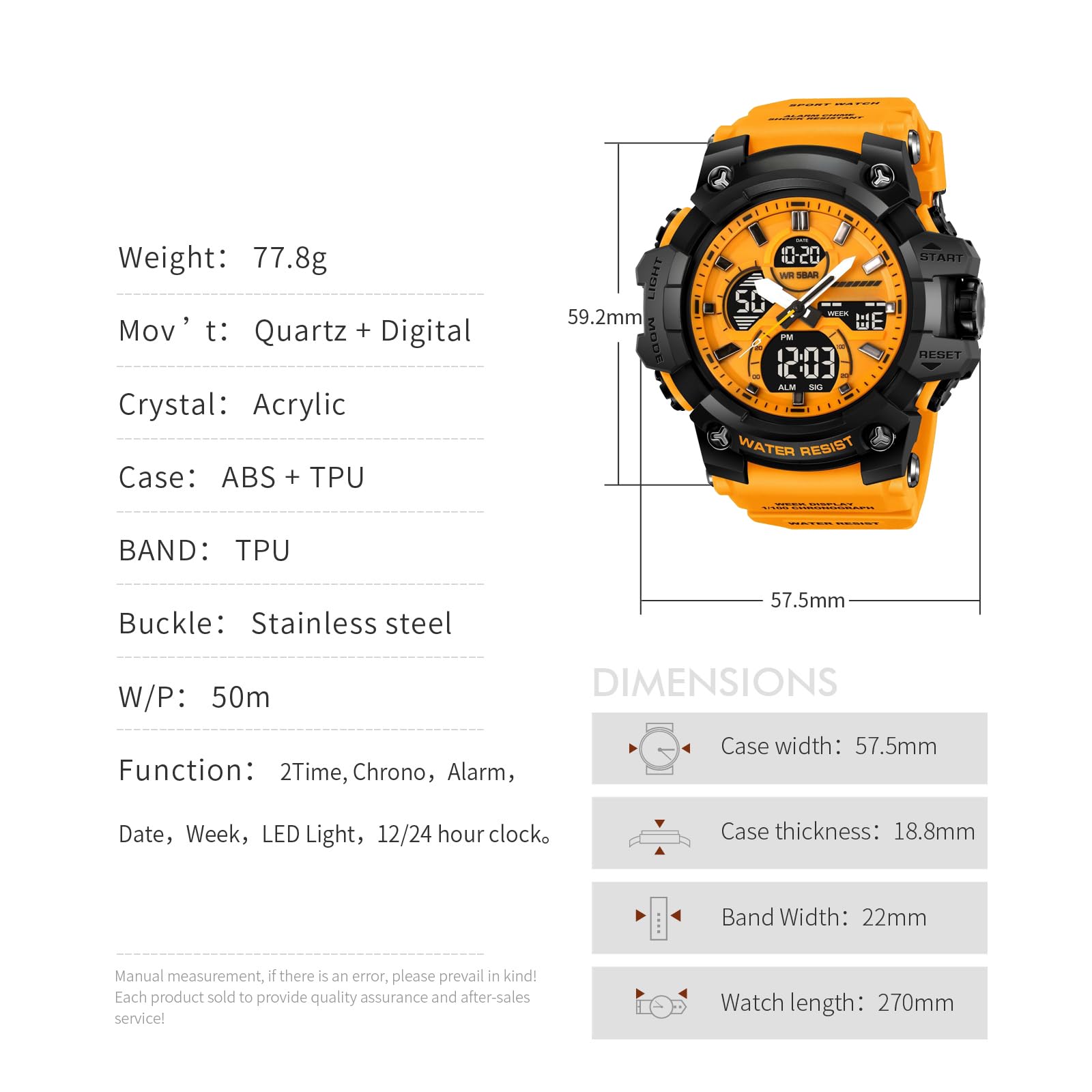 findtime Orologio militare da uomo, robusto, per attività all'aperto, analogico, con allarme doppio, 12/24H, data settimanale, cronometro bianco
