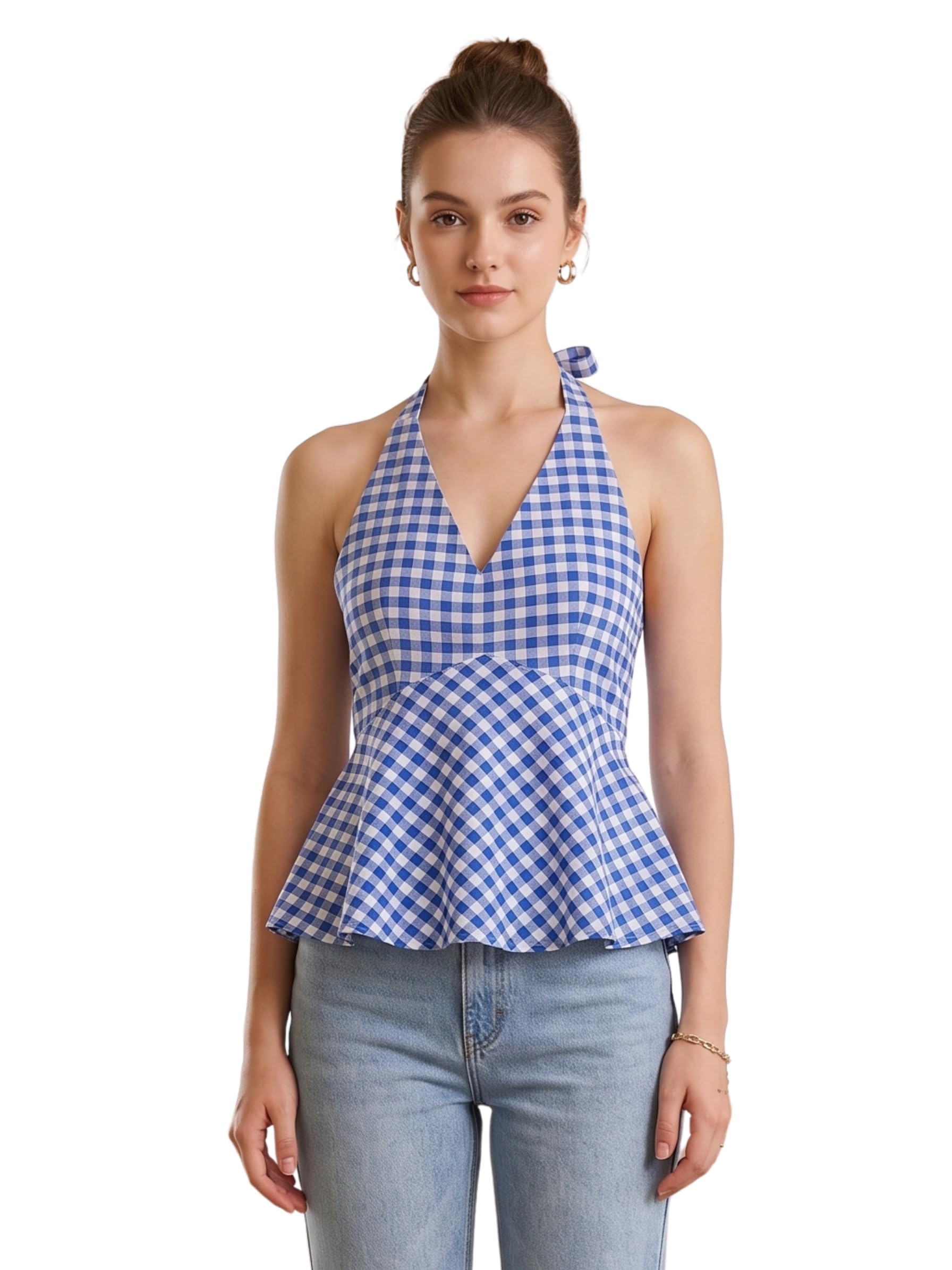 Women's Gingham Halter Neck Peplum Top, Sleeveless, Casual Summer Blouse-picture-29