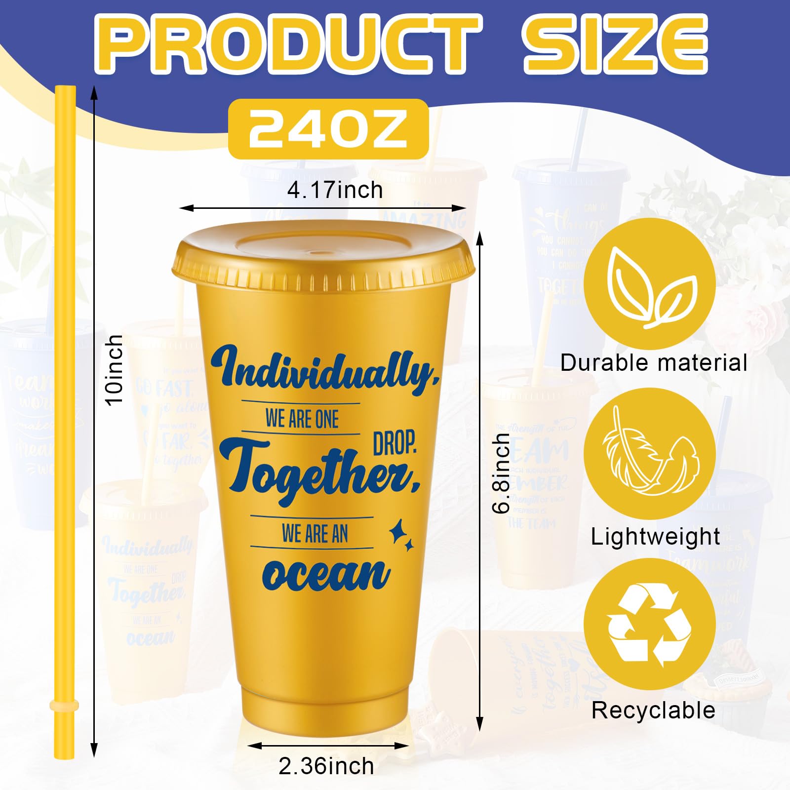 Uiifan Lot de 30 gobelets réutilisables en plastique avec couvercles et paille – Cadeau de reconnaissance des employés – Cadeau de reconnaissance des employés – 710 ml (bleu, doré)