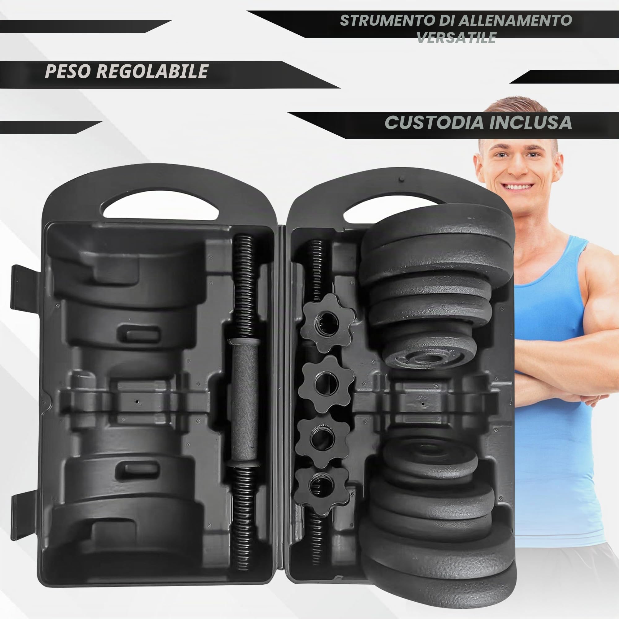 Kit di manubri regolabile 20 kg – peso sollevamento pesi in ghisa – Alteres e barra con valigetta di trasporto – design ergonomico antiscivolo per sport a casa – nero