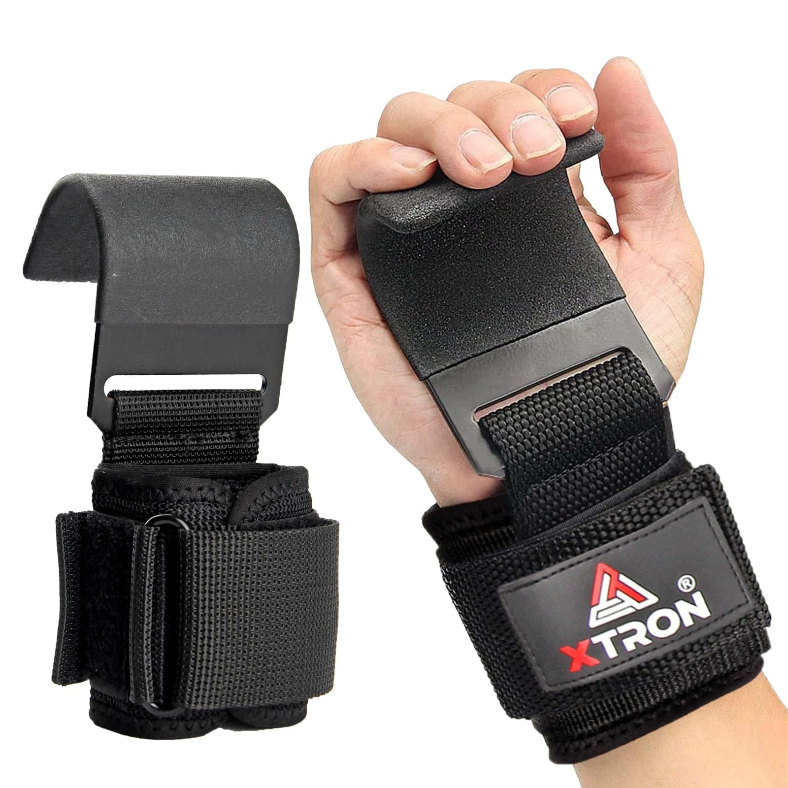 XTRON Weight Lifting Hooks Wrist Straps Hand Grips Wrist Supporter for Deadlift, Powerlifting, Pull up bar, Solid Steel Hook, Thick Neoprene Padded, Set of 2 PC, Free Size (Hook Wrist DX 082) (Black)-picture-11