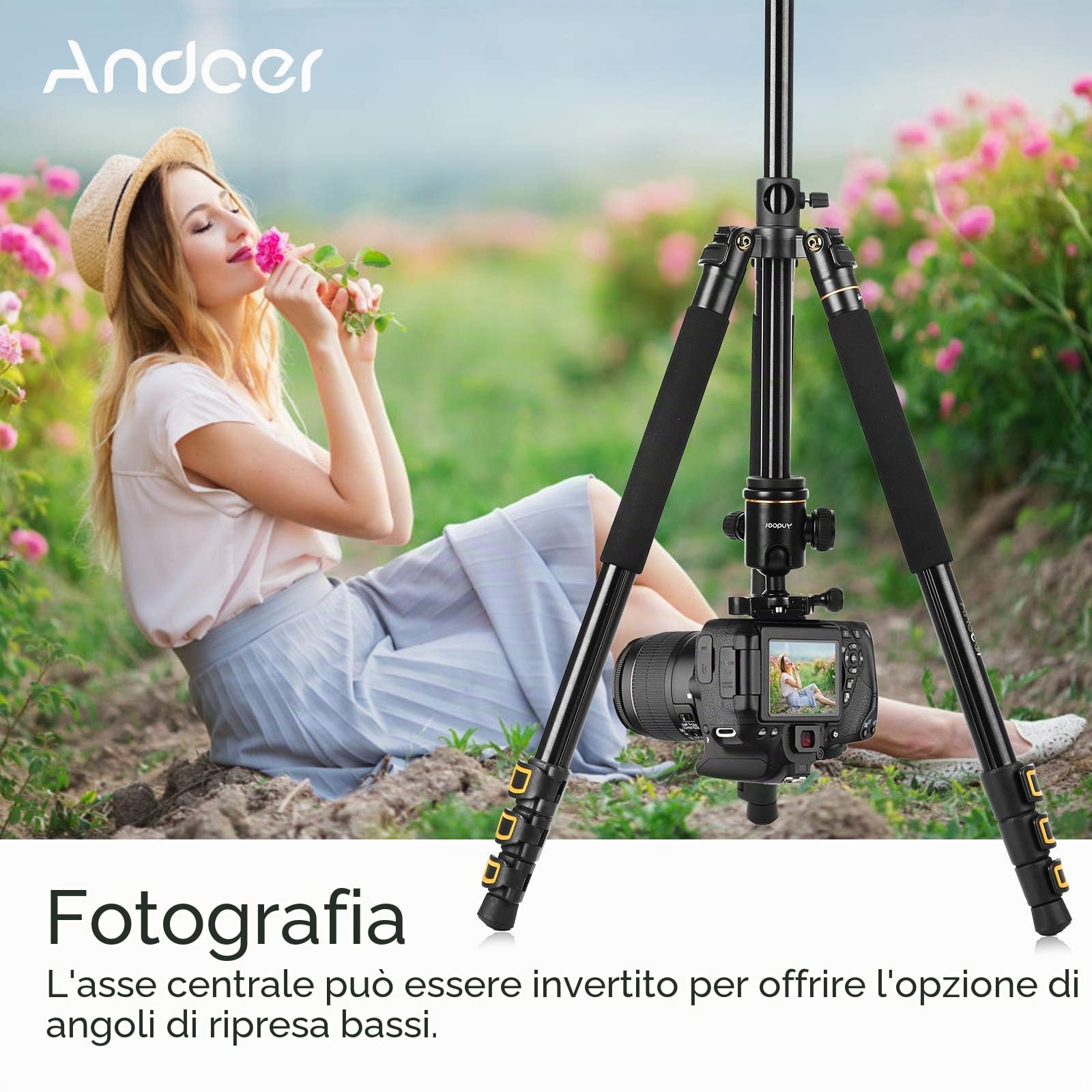 Treppiedi Fotocamera 200cm, Andoer Treppiede Fotocamera Monopiede Fotografico Leggero da Viaggio Colonna Girevole 360° e Testa a Sfera per Riprese Macro e Panoramiche Compatibile Camera